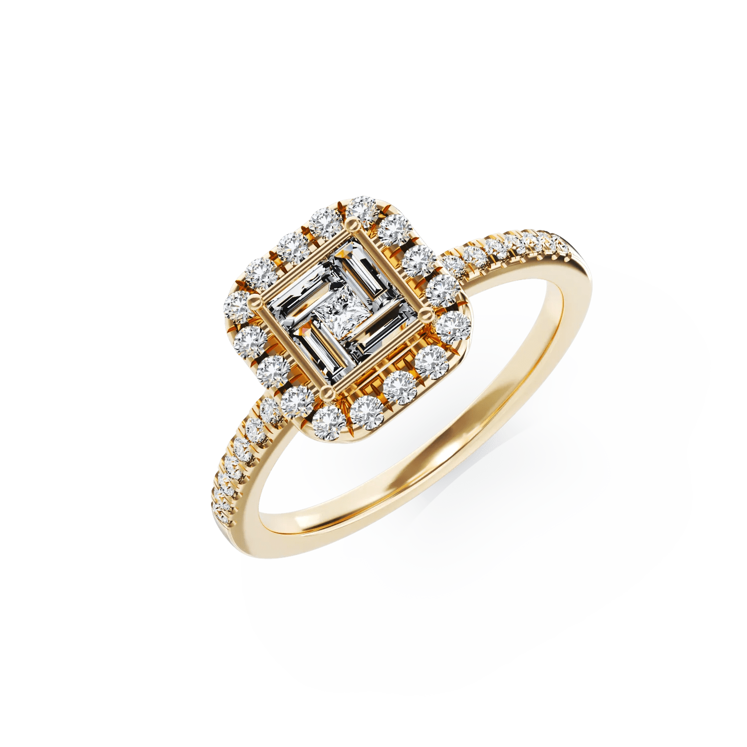 Inel de logodnă aur galben cu diamante baguette, princess și rotunde 0.4ct Inel de logodnă aur galben cu diamante baguette, princess și rotunde 0.4ct