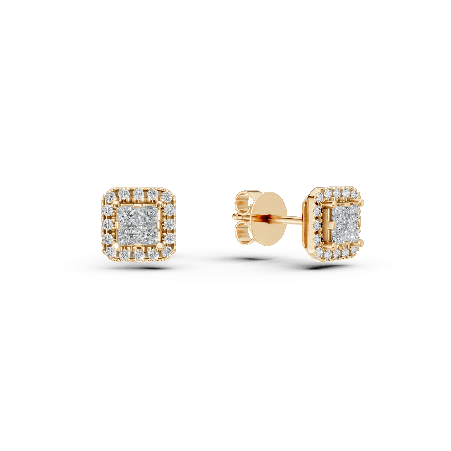 Cercei aur galben cu diamante princess și rotunde, 0.37ct Cercei aur galben cu diamante princess și rotunde, 0.37ct
