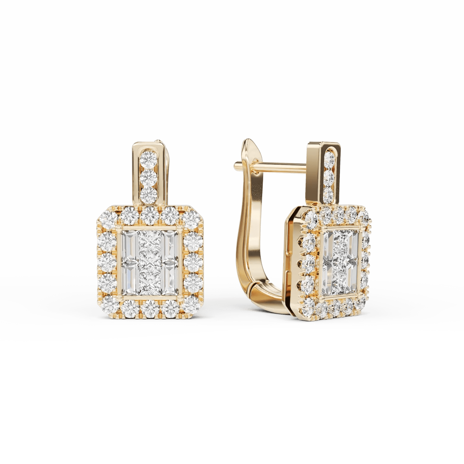 Cercei aur galben cu diamante baguette, princess și rotunde 0.76ct Cercei aur galben cu diamante baguette, princess și rotunde 0.76ct