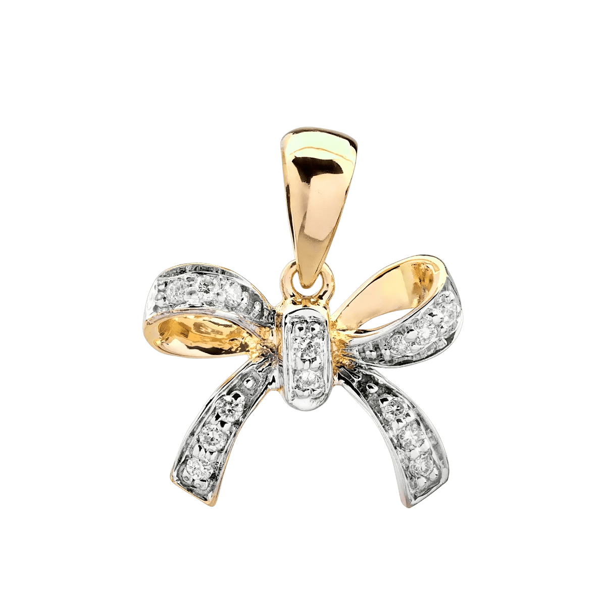 Pandantiv fundiță din aur alb-galben cu diamante de 0.08ct Pandantiv fundiță din aur alb-galben cu diamante de 0.08ct