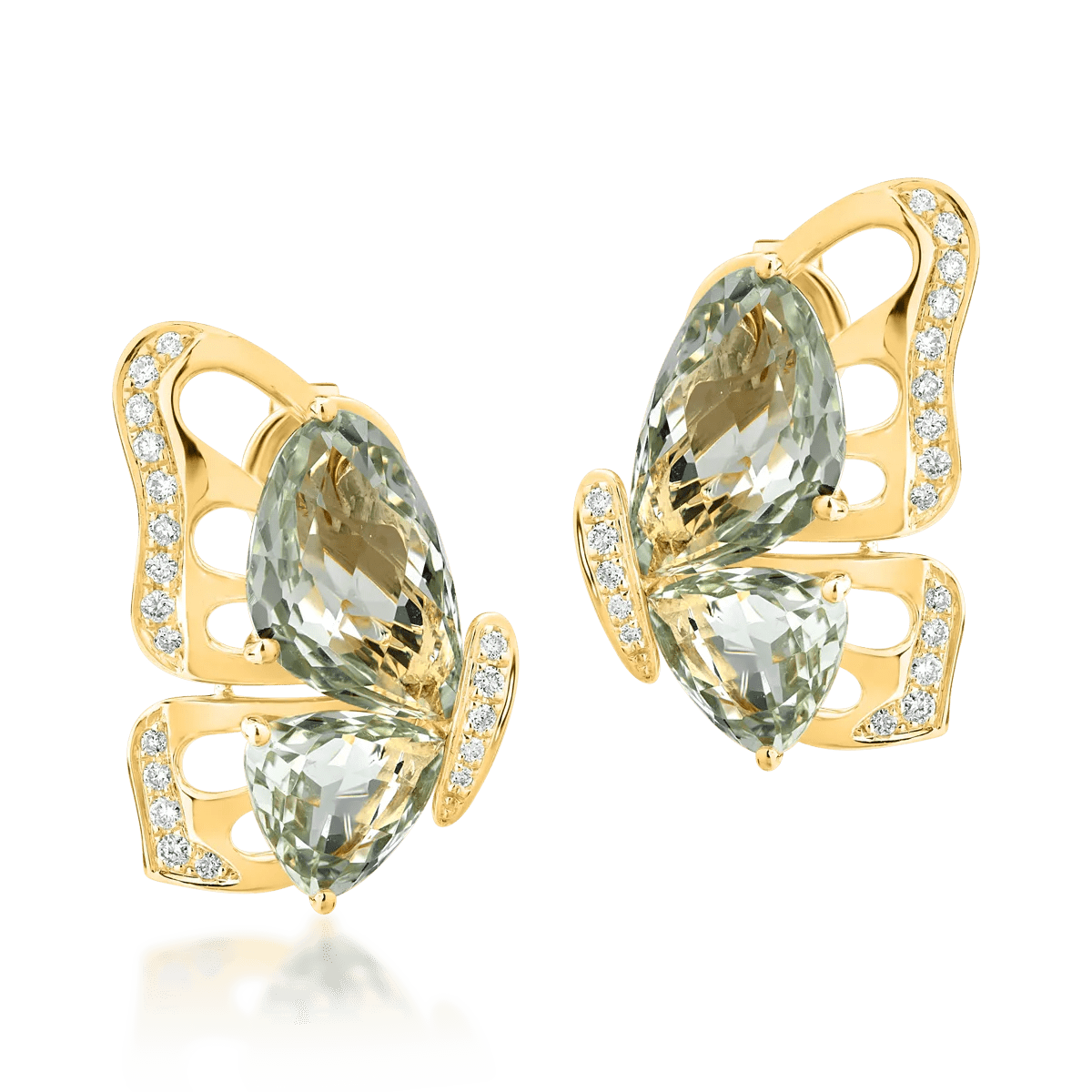 Cercei fluture din aur galben cu ametiste verzi de 7.7ct și diamante de 0.28ct Cercei fluture din aur galben cu ametiste verzi de 7.7ct și diamante de 0.28ct