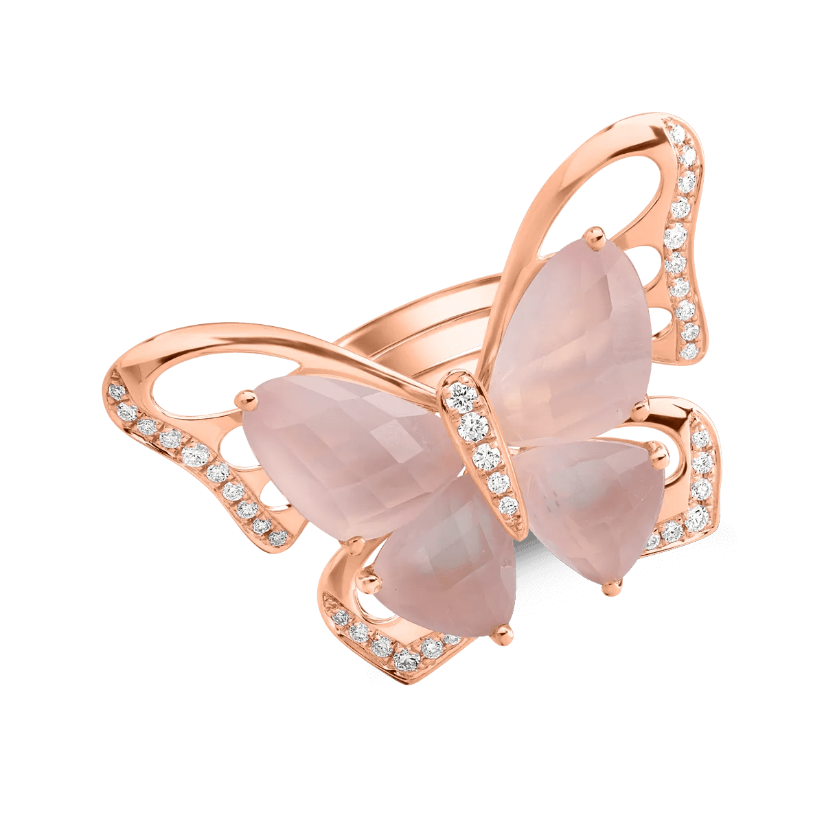 Inel din aur roz cu quartz trandafiriu de 11.4ct și diamante de 0.37ct Inel din aur roz cu quartz trandafiriu de 11.4ct și diamante de 0.37ct