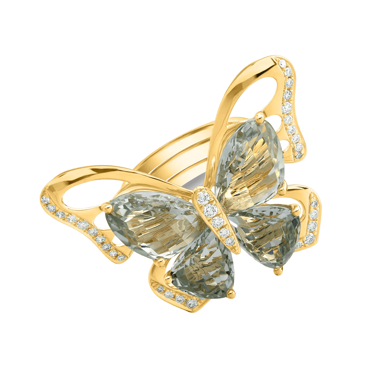 Inel fluture din aur galben cu ametiste verzi de 11.5ct și diamante de 0.38ct – Teilor Inel fluture din aur galben cu ametiste verzi de 11.5ct și diamante de 0.38ct – Teilor