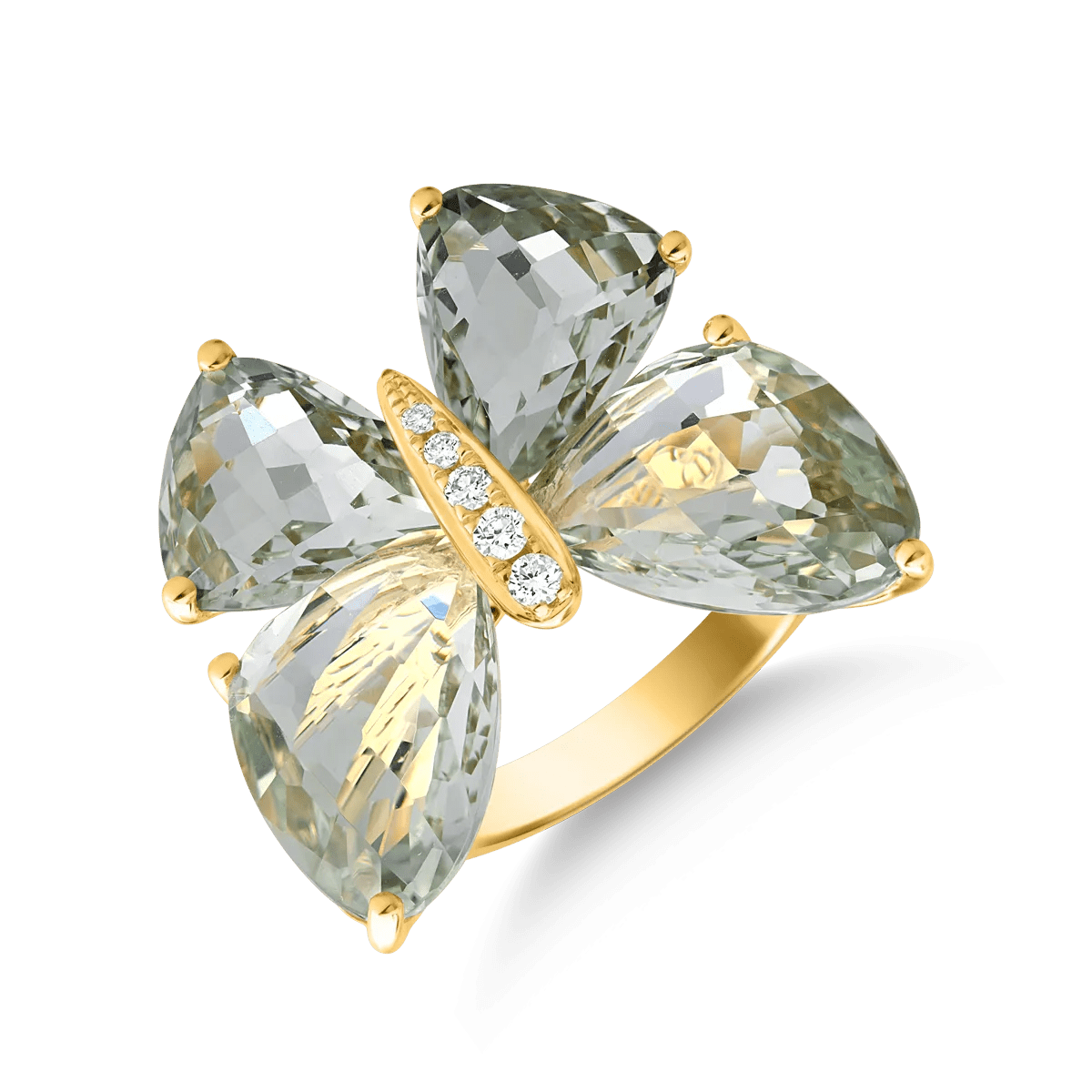 Inel cu fluture din aur galben și ametiste verzi de 12.4ct cu diamante de 0.07ct Inel cu fluture din aur galben și ametiste verzi de 12.4ct cu diamante de 0.07ct