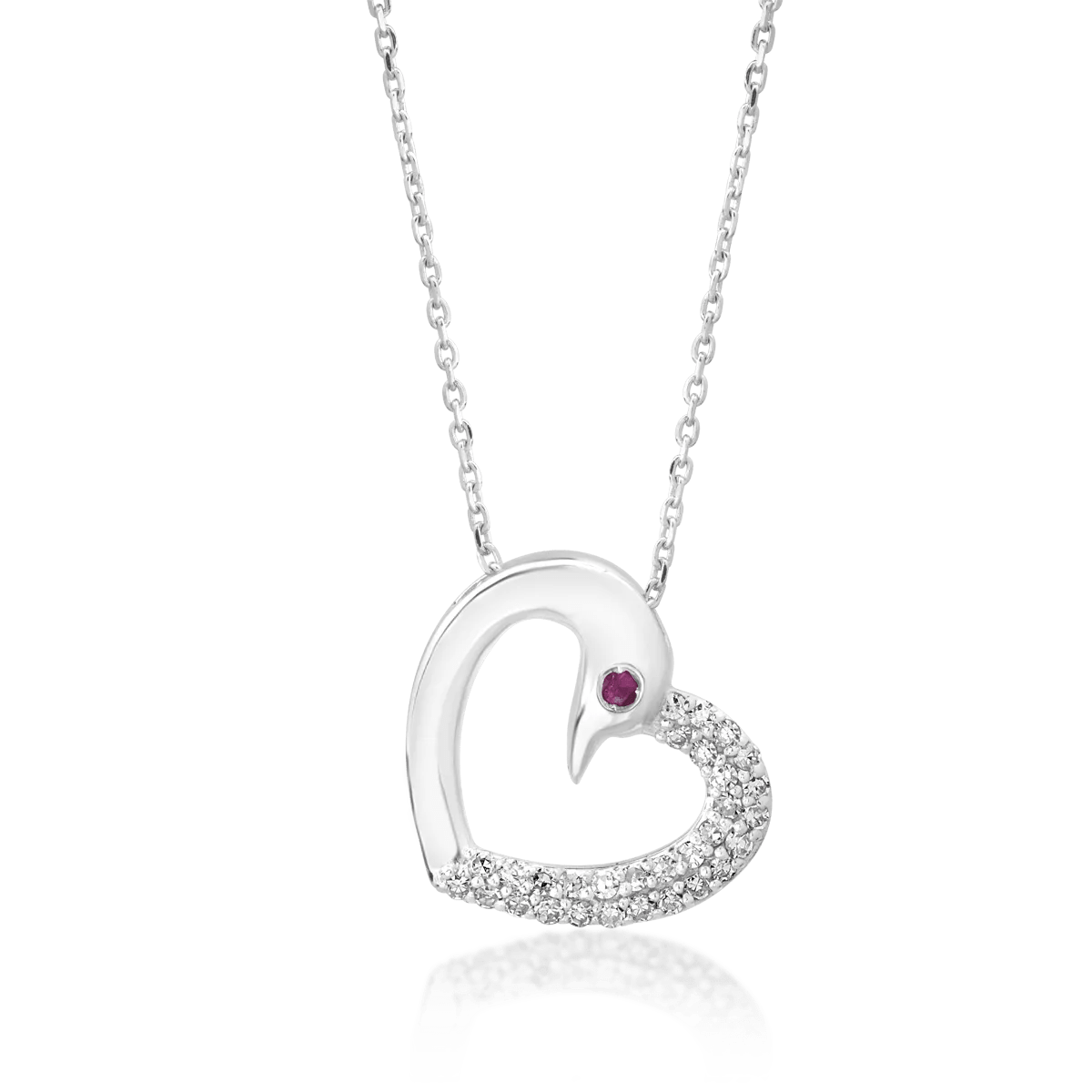 Lanț cu pandantiv lebădă-inimă din aur alb, safir roz 0.01ct și diamante 0.09ct Lanț cu pandantiv lebădă-inimă din aur alb, safir roz 0.01ct și diamante 0.09ct