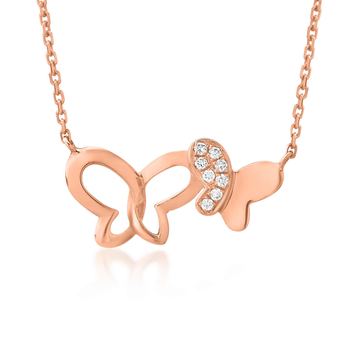 Lanț cu pandantiv fluturi din aur roz cu diamante 0.021ct Lanț cu pandantiv fluturi din aur roz cu diamante 0.021ct