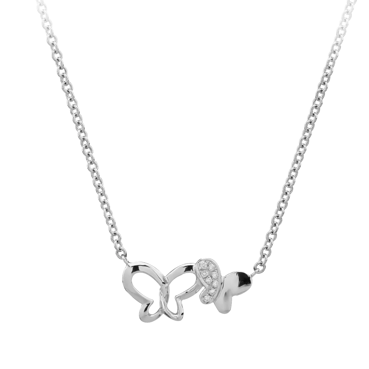 Lanț cu pandantiv fluturi din aur alb cu diamante de 0.023ct Lanț cu pandantiv fluturi din aur alb cu diamante de 0.023ct