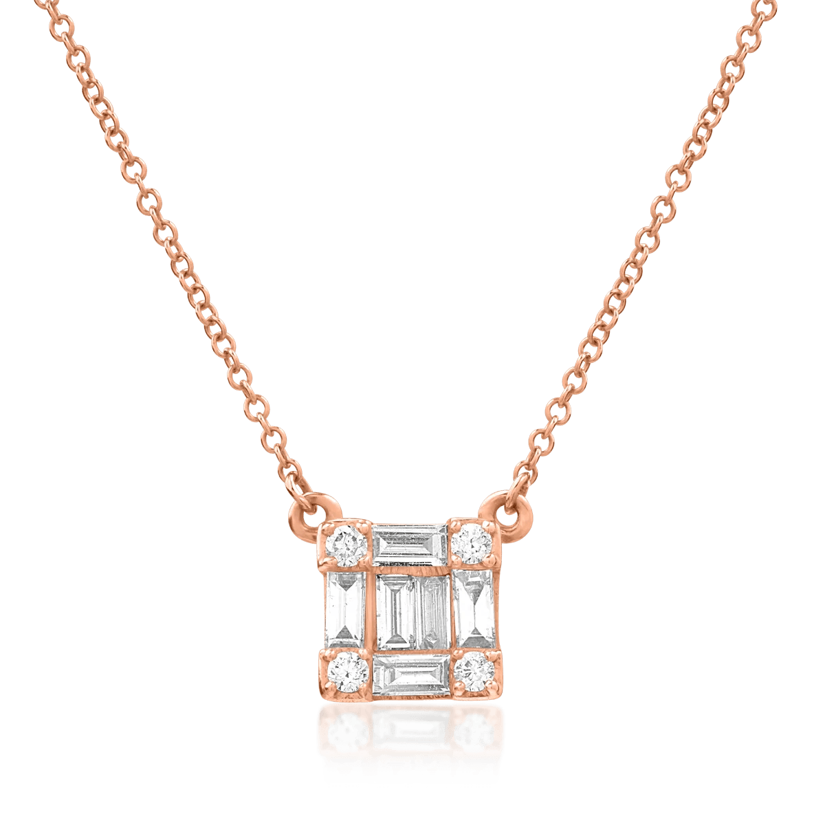 Lănţ cu pandantiv din aur roz cu diamante baguette şi rotunde de 0.268ct Lănţ cu pandantiv din aur roz cu diamante baguette şi rotunde de 0.268ct