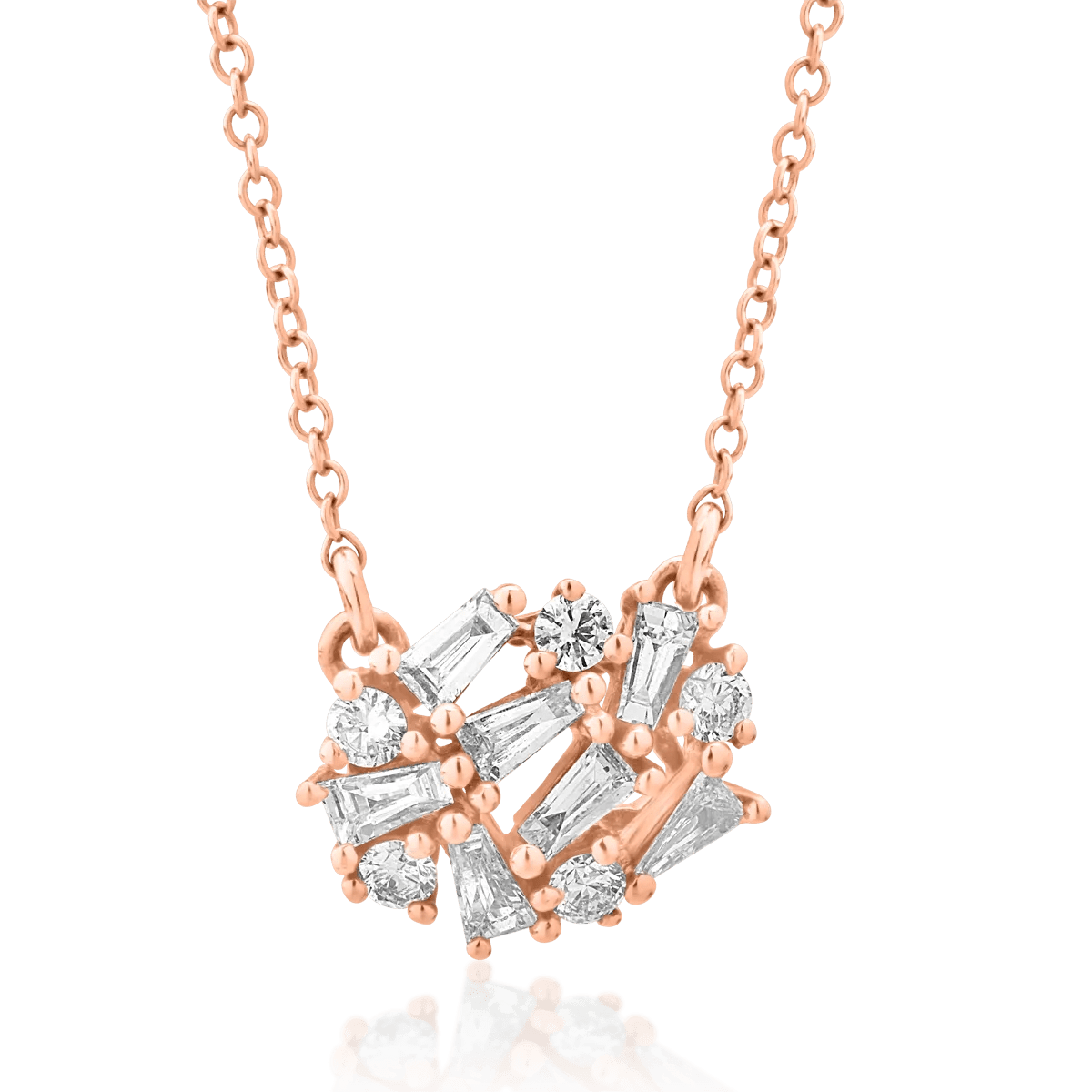 Lanț cu pandantiv din aur roz cu diamante baguette și rotunde de 0.226ct Lanț cu pandantiv din aur roz cu diamante baguette și rotunde de 0.226ct