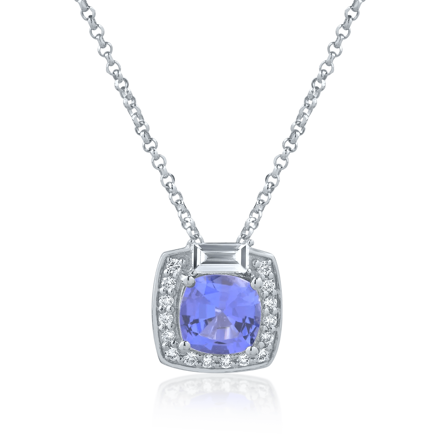 Lanț cu pandantiv din aur alb cu tanzanit cushion 0.936ct și diamante 0.178ct Lanț cu pandantiv din aur alb cu tanzanit cushion 0.936ct și diamante 0.178ct