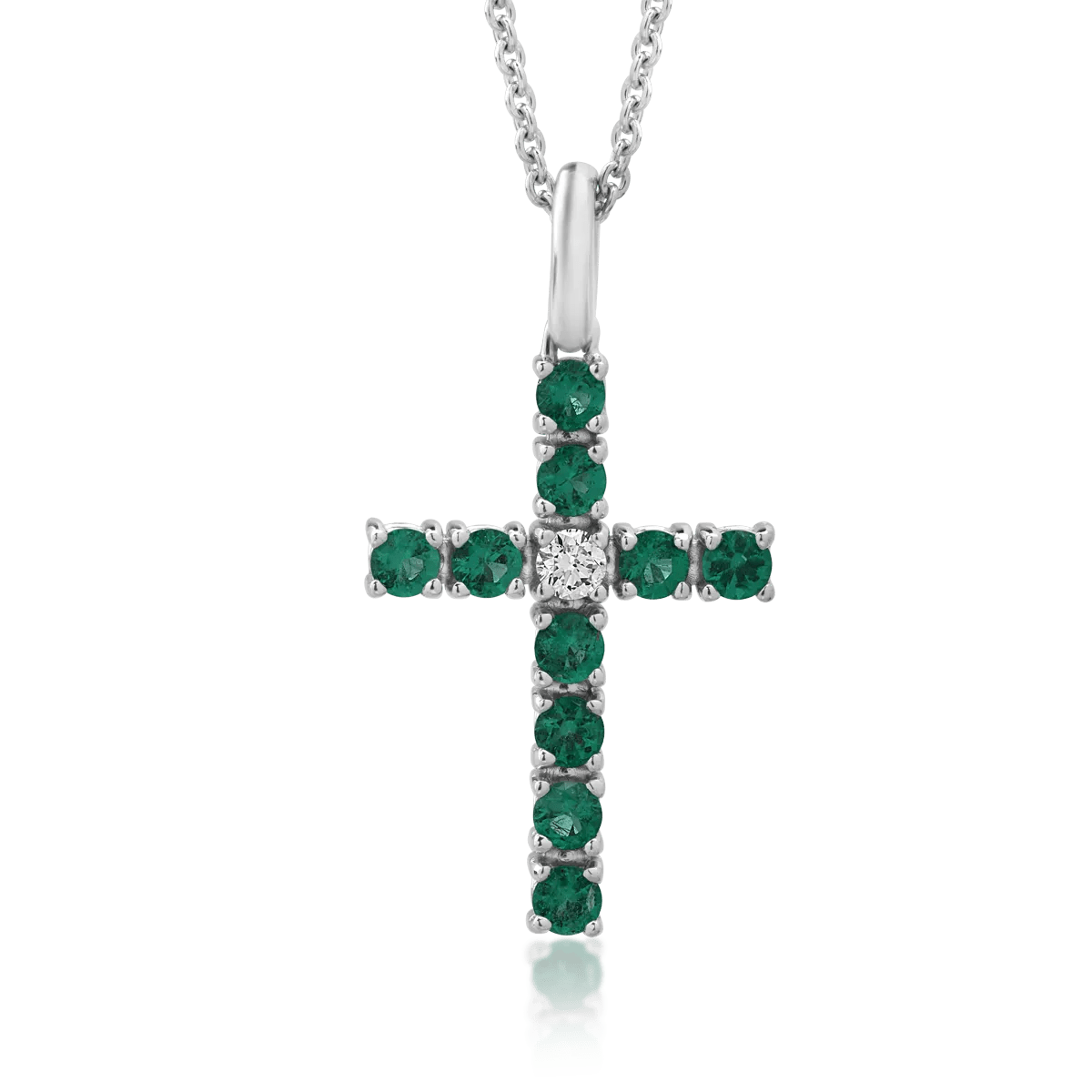 Lanț cu pandantiv cruce din aur alb cu diamant 0.05ct și smaralde 0.48ct Lanț cu pandantiv cruce din aur alb cu diamant 0.05ct și smaralde 0.48ct