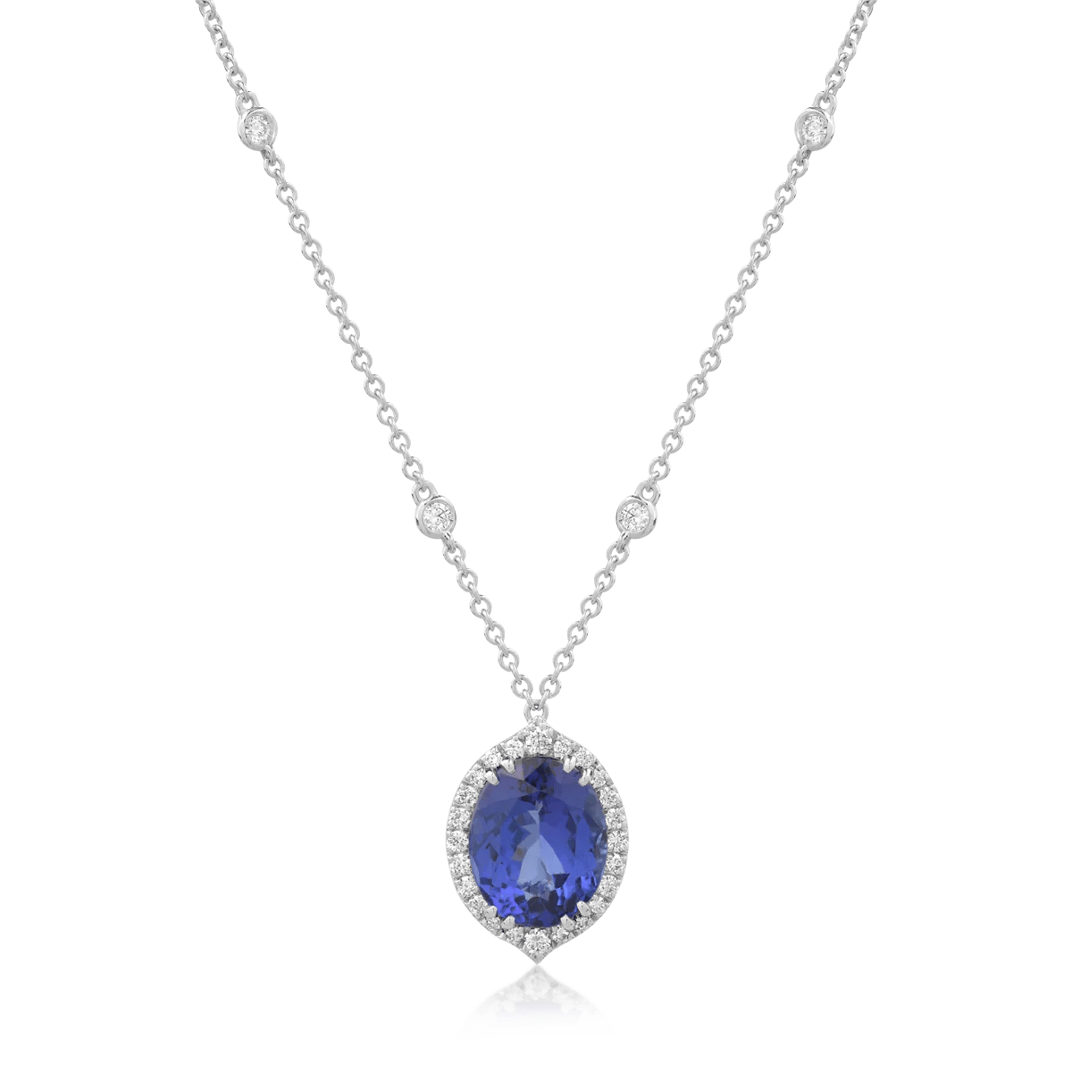 Lanț cu pandantiv din aur alb și tanzanit oval de 4.2ct cu diamante de 0.5ct – Teilor Lanț cu pandantiv din aur alb și tanzanit oval de 4.2ct cu diamante de 0.5ct – Teilor
