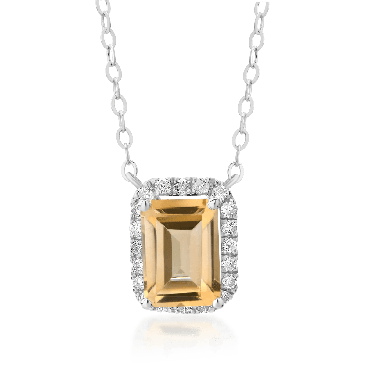 Lanț cu pandantiv de aur alb, citrin emerald 0.85ct și diamante 0.12ct Lanț cu pandantiv de aur alb, citrin emerald 0.85ct și diamante 0.12ct