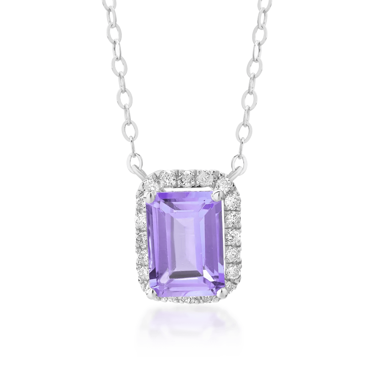 Lanț cu pandantiv din aur alb cu ametist emerald 0.85ct și diamante 0.12ct Lanț cu pandantiv din aur alb cu ametist emerald 0.85ct și diamante 0.12ct