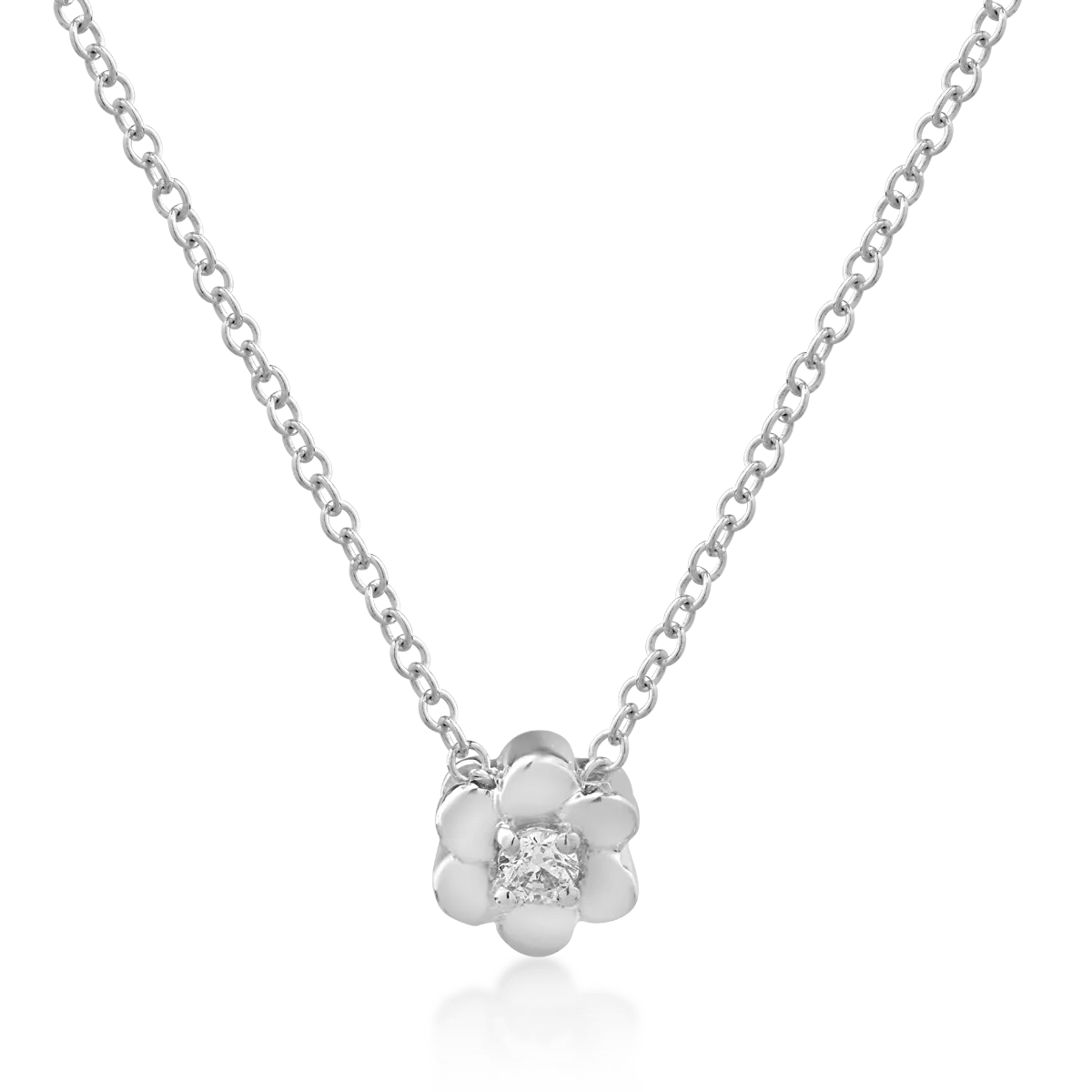 Lanț cu pandantiv floare din aur alb cu diamant de 0.042ct Lanț cu pandantiv floare din aur alb cu diamant de 0.042ct