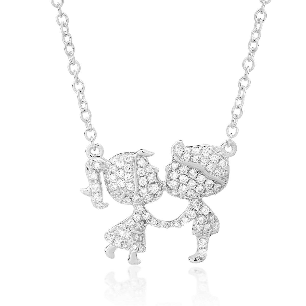 Lanț cu pandantiv fetiță și băiețel din aur alb cu diamante baguette și rotunde de 0.25ct Lanț cu pandantiv fetiță și băiețel din aur alb cu diamante baguette și rotunde de 0.25ct