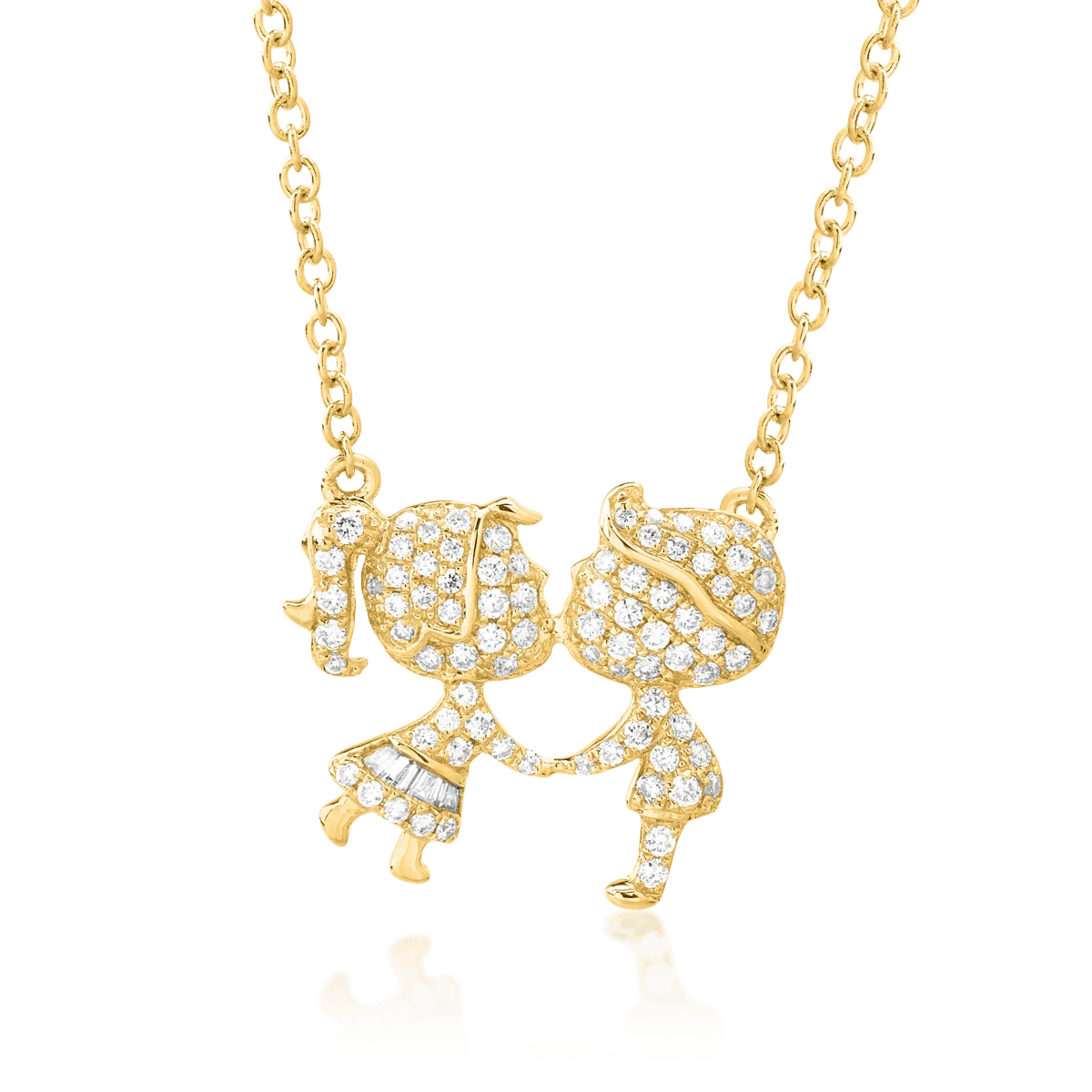 Lanț din aur galben cu pandantiv fetiță și băiat, diamante baguette și rotunde de 0.27ct Lanț din aur galben cu pandantiv fetiță și băiat, diamante baguette și rotunde de 0.27ct