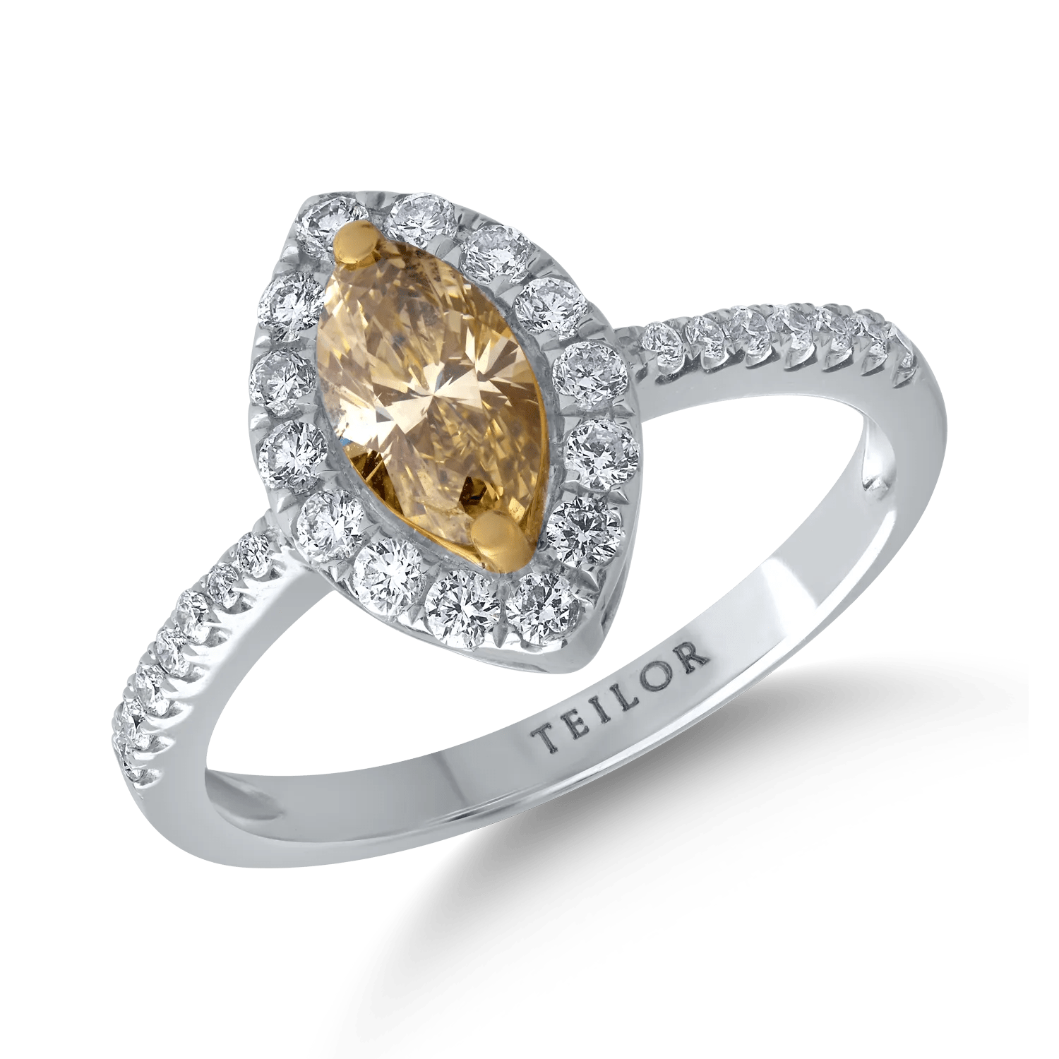 Inel din aur alb cu diamant multicolor marquise 0.59ct și diamante 0.3ct Inel din aur alb cu diamant multicolor marquise 0.59ct și diamante 0.3ct