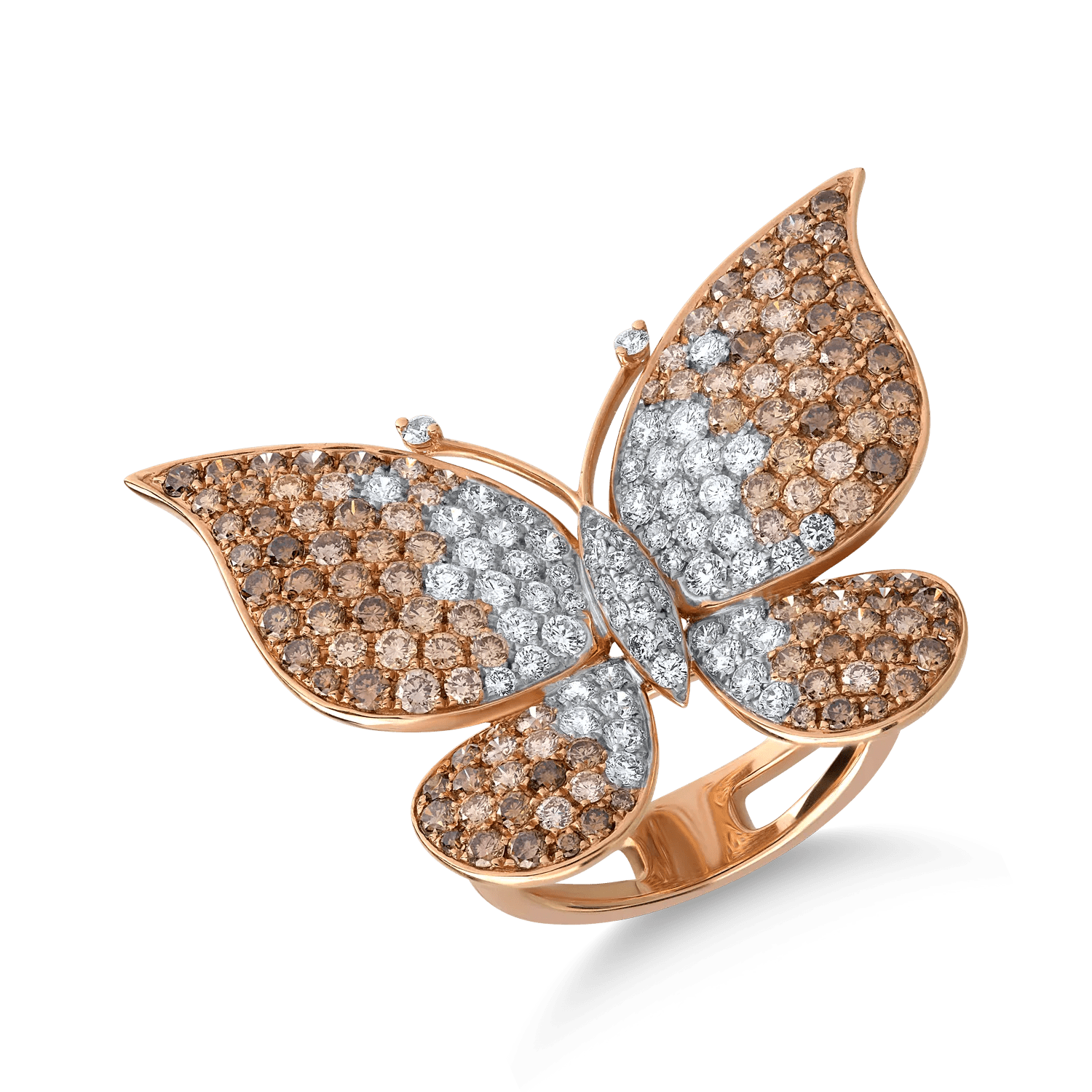 Inel fluture din aur roz cu diamante maro de 2.3ct și diamante transparente de 0.98ct Inel fluture din aur roz cu diamante maro de 2.3ct și diamante transparente de 0.98ct