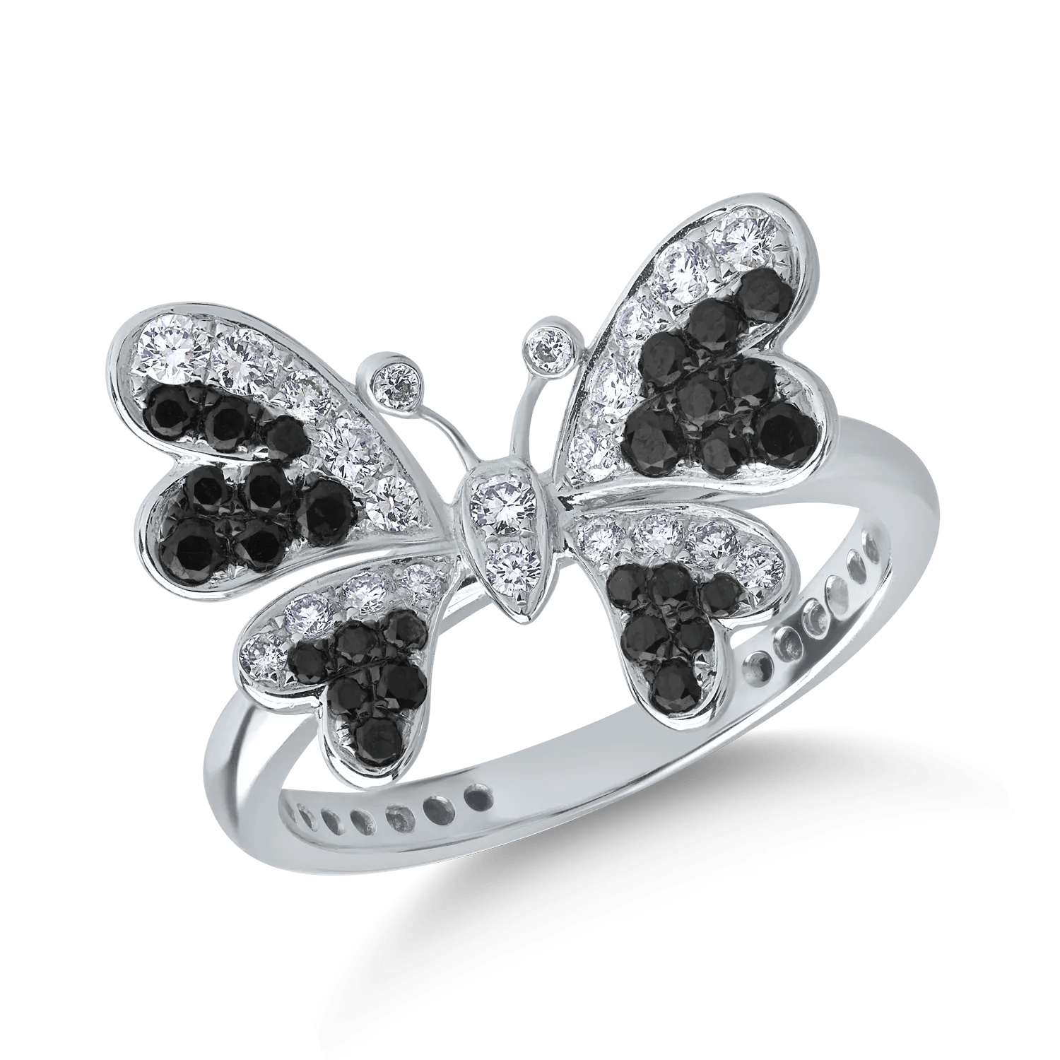 Inel fluture din aur alb cu diamante negre 0.33ct și diamante transparente 0.25ct Inel fluture din aur alb cu diamante negre 0.33ct și diamante transparente 0.25ct