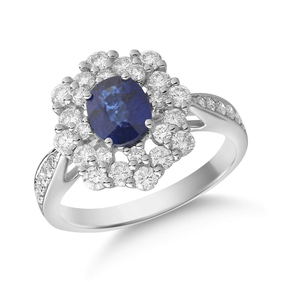 Inel din aur alb cu safir oval de 1.2ct și diamante de 1ct Inel din aur alb cu safir oval de 1.2ct și diamante de 1ct