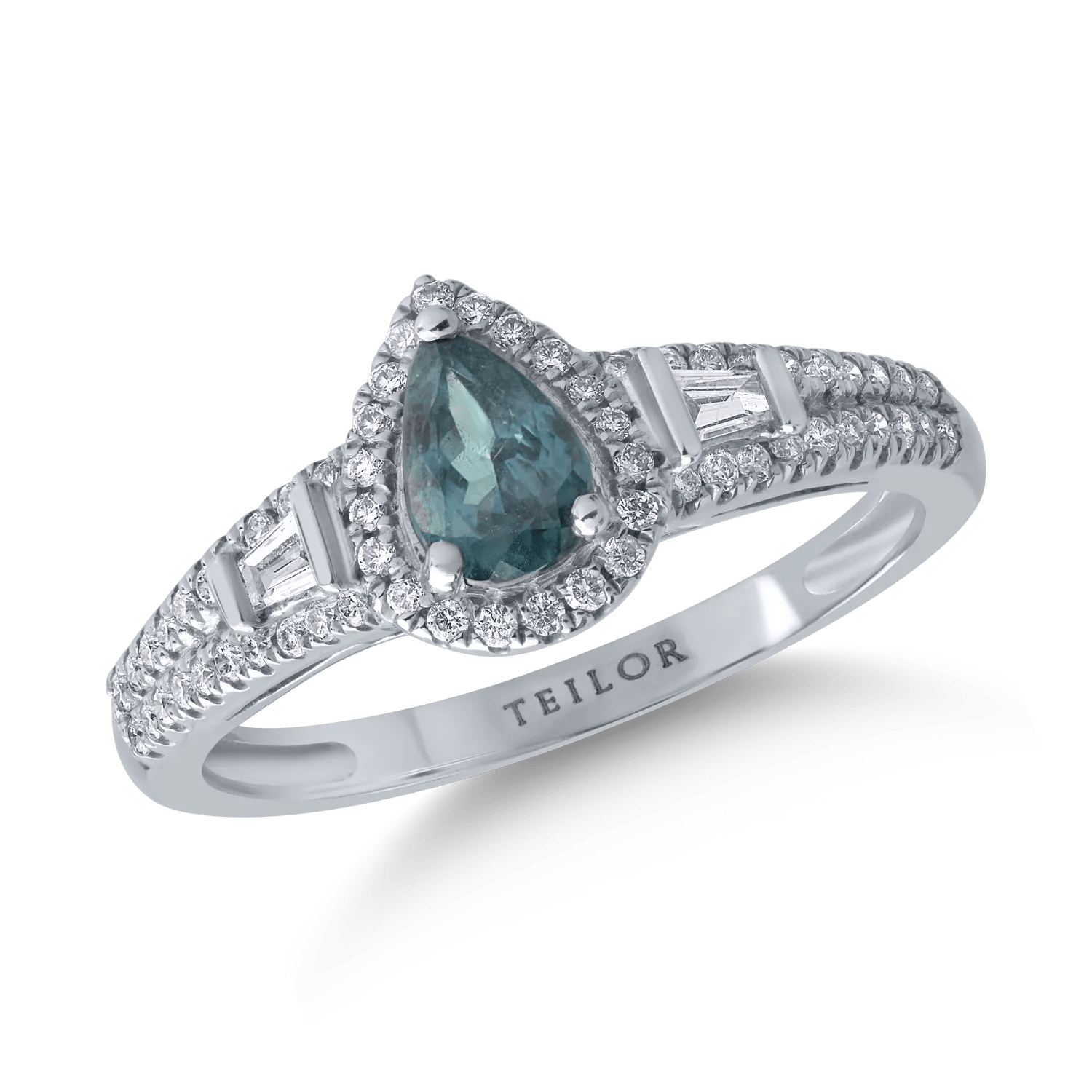 Inel din aur alb cu alexandrit pear de 0.6ct și diamante de 0.3ct Inel din aur alb cu alexandrit pear de 0.6ct și diamante de 0.3ct