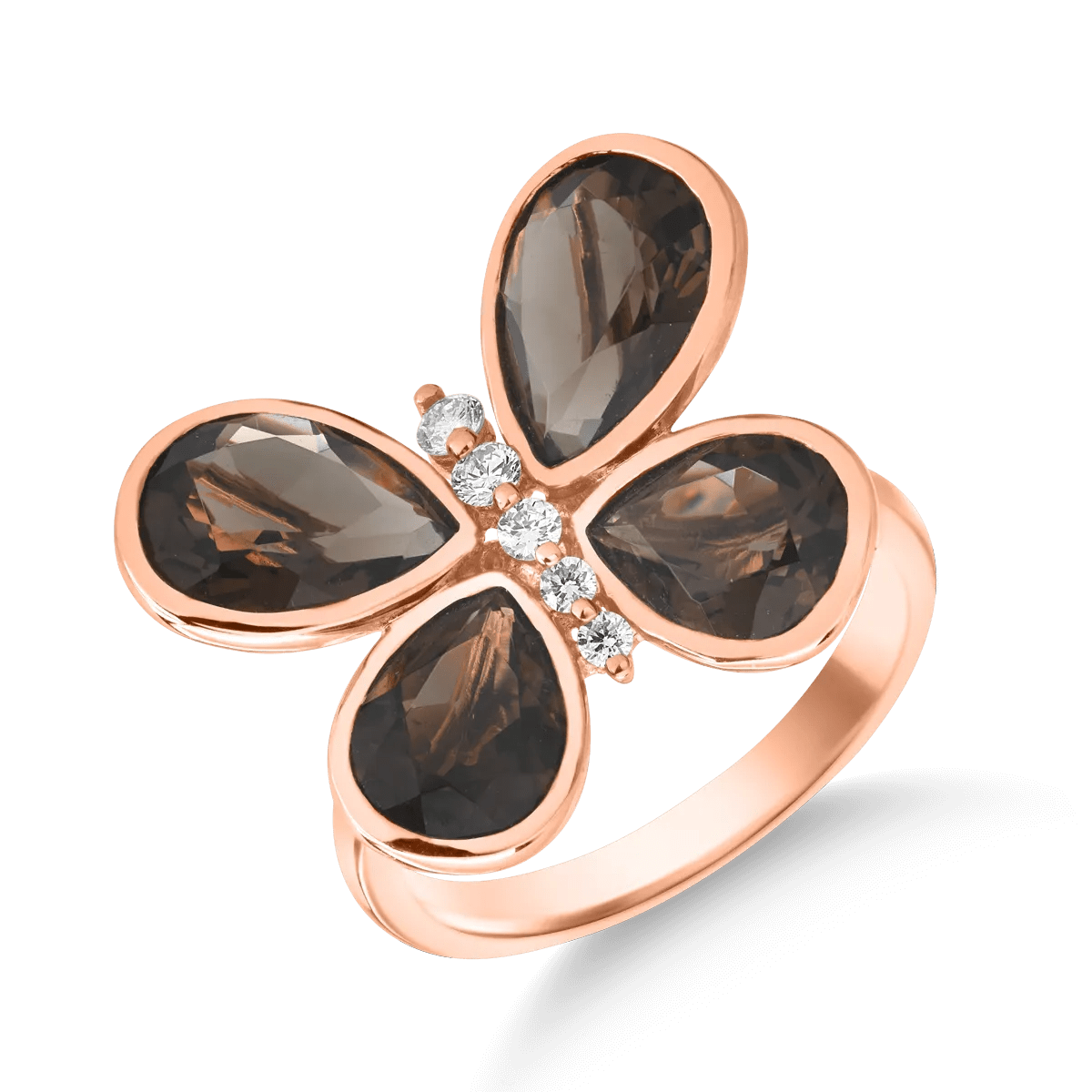 Inel fluture din aur roz cu cuart fumuriu pear de 4ct și diamante de 0.1ct Inel fluture din aur roz cu cuart fumuriu pear de 4ct și diamante de 0.1ct