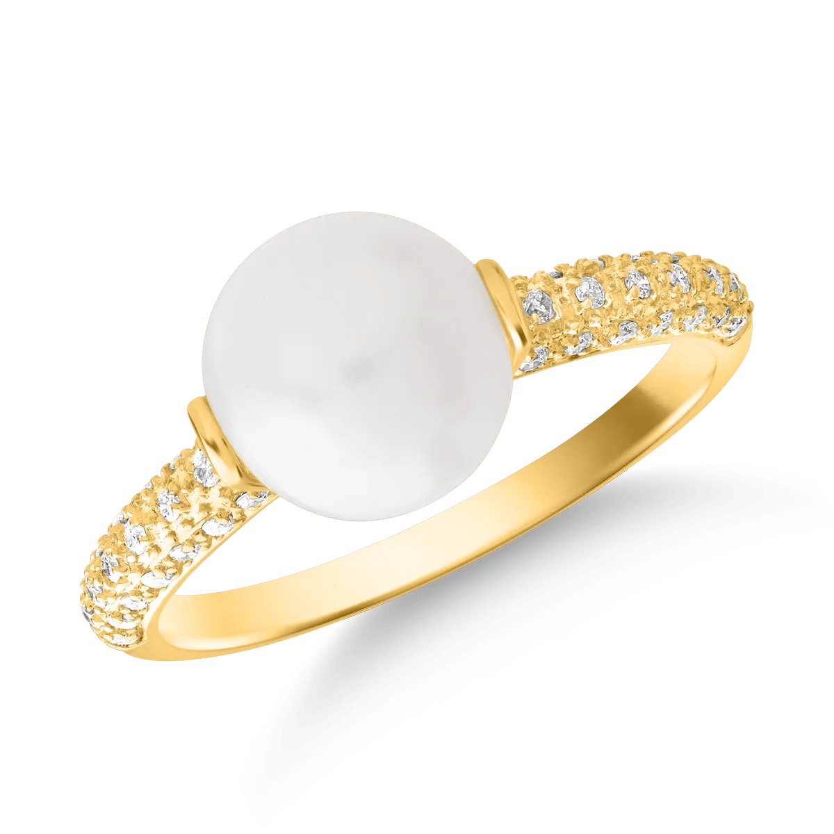 Inel din aur galben cu perlă de cultură de 3.6ct și diamante de 0.15ct Inel din aur galben cu perlă de cultură de 3.6ct și diamante de 0.15ct