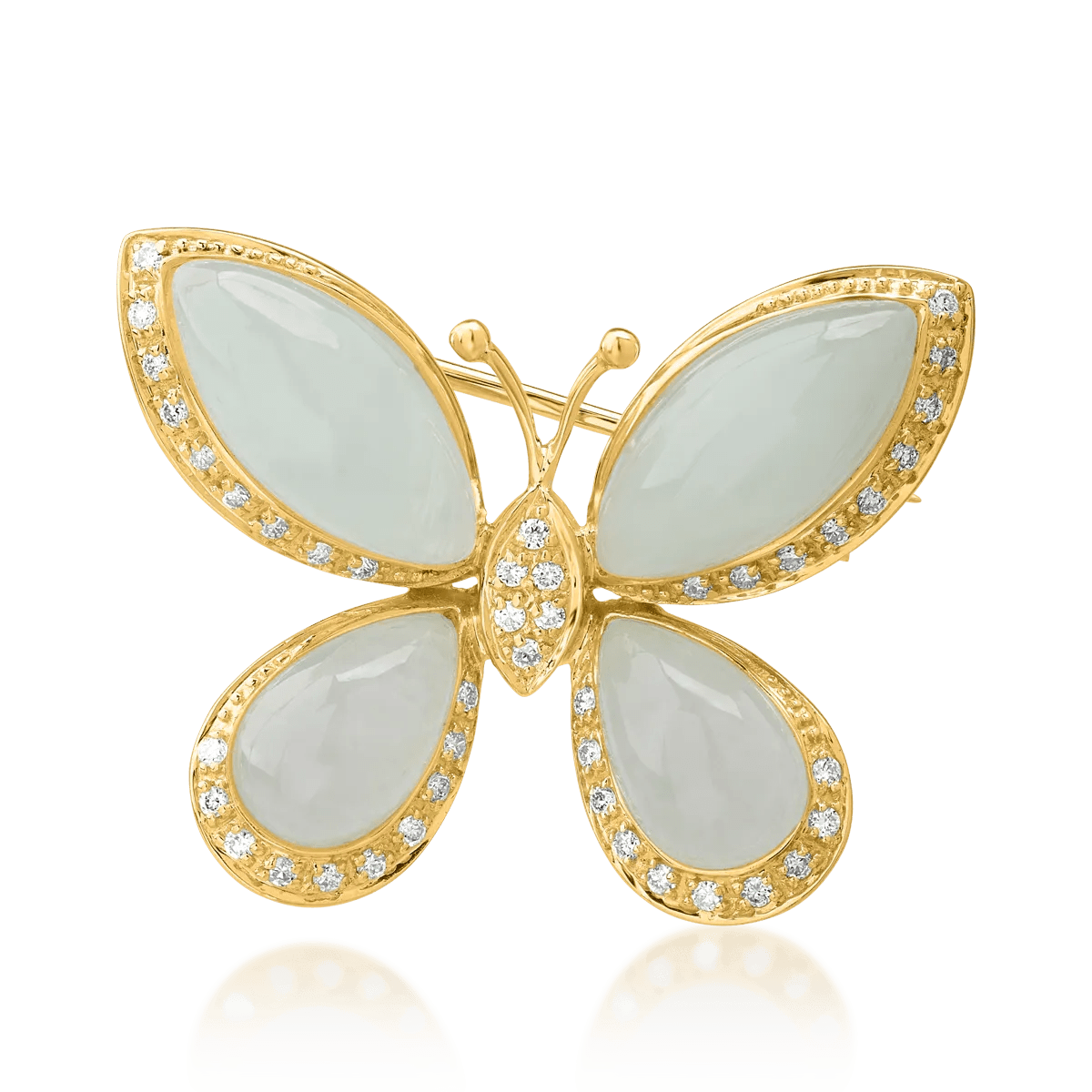 Broșa fluture din aur galben cu prehnite marquise și pear de 15.086ct și diamante de 0.299ct Broșa fluture din aur galben cu prehnite marquise și pear de 15.086ct și diamante de 0.299ct