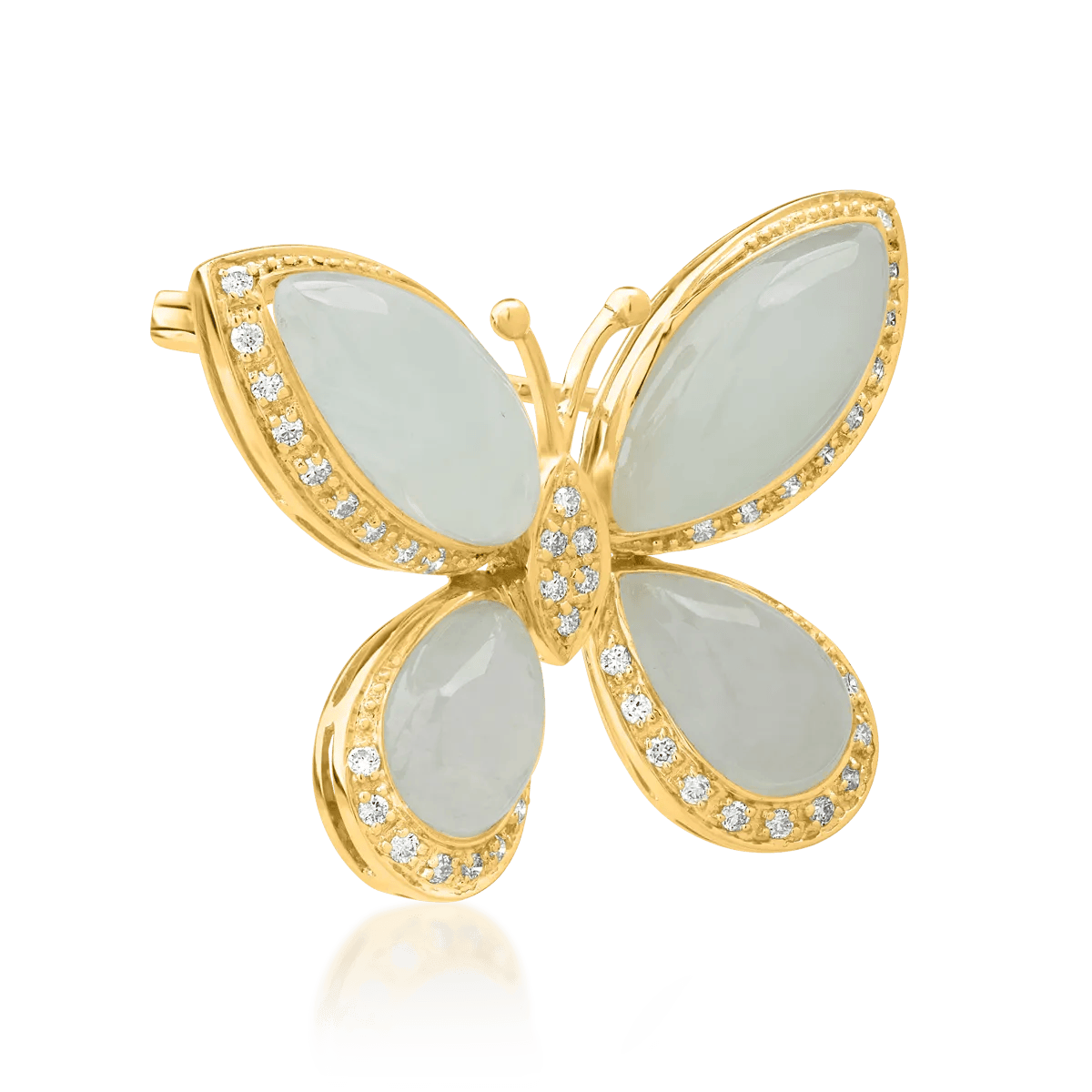 Brosă fluture din aur galben cu prehnite și diamante Brosă fluture din aur galben cu prehnite și diamante