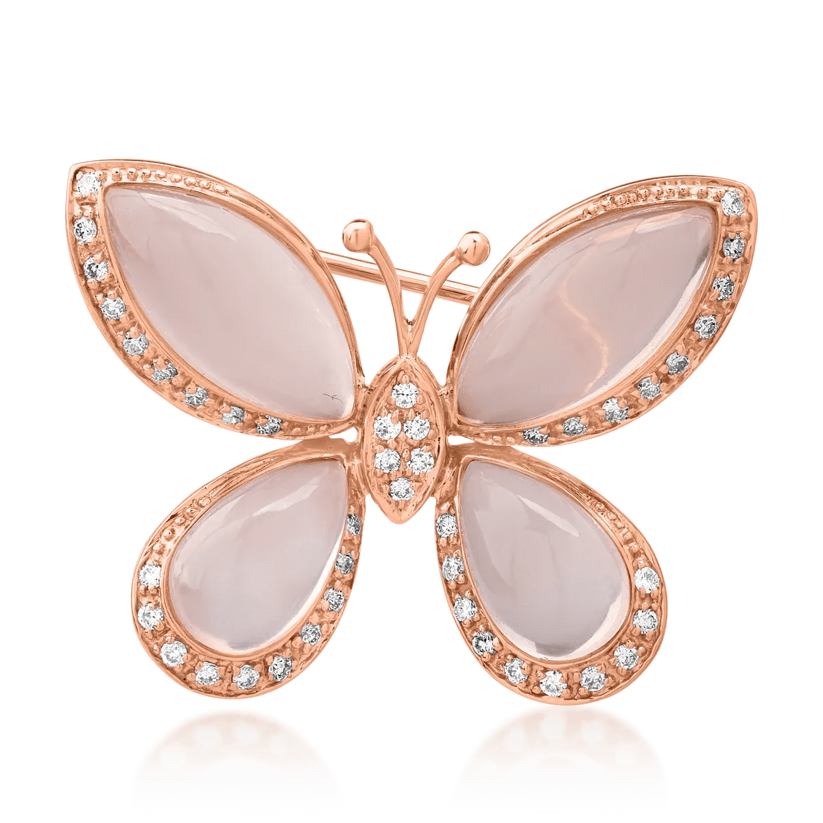 Broșă fluture din aur roz cu cuarț roz marquise și pear de 13.646ct și diamante de 0.334ct Broșă fluture din aur roz cu cuarț roz marquise și pear de 13.646ct și diamante de 0.334ct