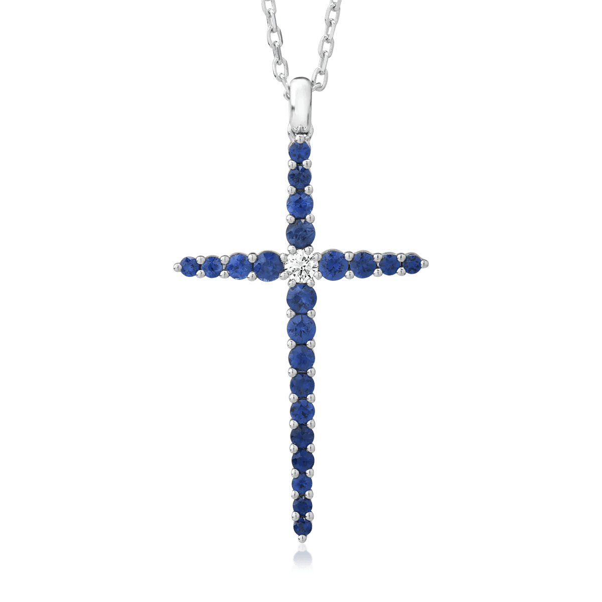 Lanț cu pandantiv cruce din aur alb cu safire de 1.1ct și diamant de 0.09ct Lanț cu pandantiv cruce din aur alb cu safire de 1.1ct și diamant de 0.09ct