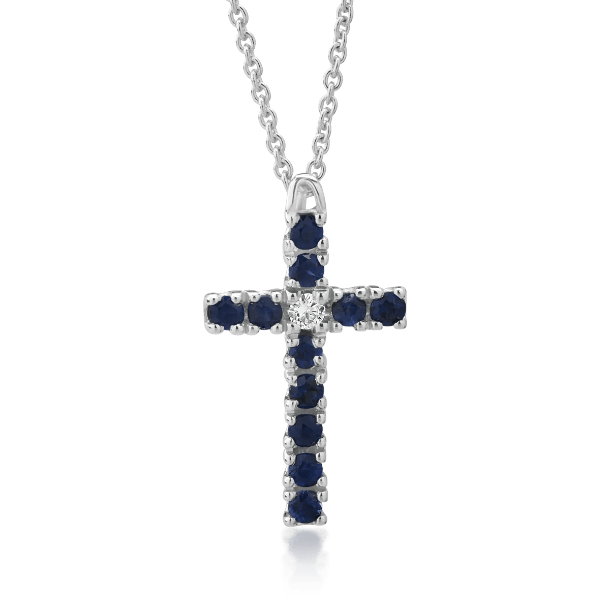 Lănț cu pandantiv cruce din aur alb cu safire de 0.42ct și diamant de 0.04ct Lănț cu pandantiv cruce din aur alb cu safire de 0.42ct și diamant de 0.04ct