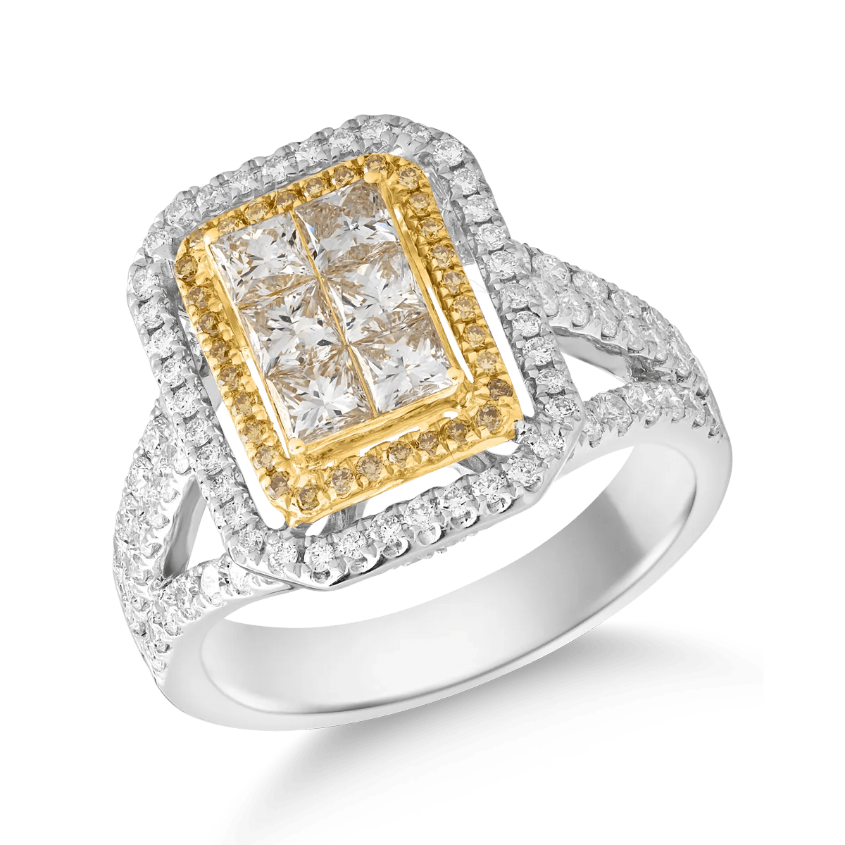 Inel din aur alb-galben cu diamante fancy galbene și diamante incolore de 1.7ct Inel din aur alb-galben cu diamante fancy galbene și diamante incolore de 1.7ct