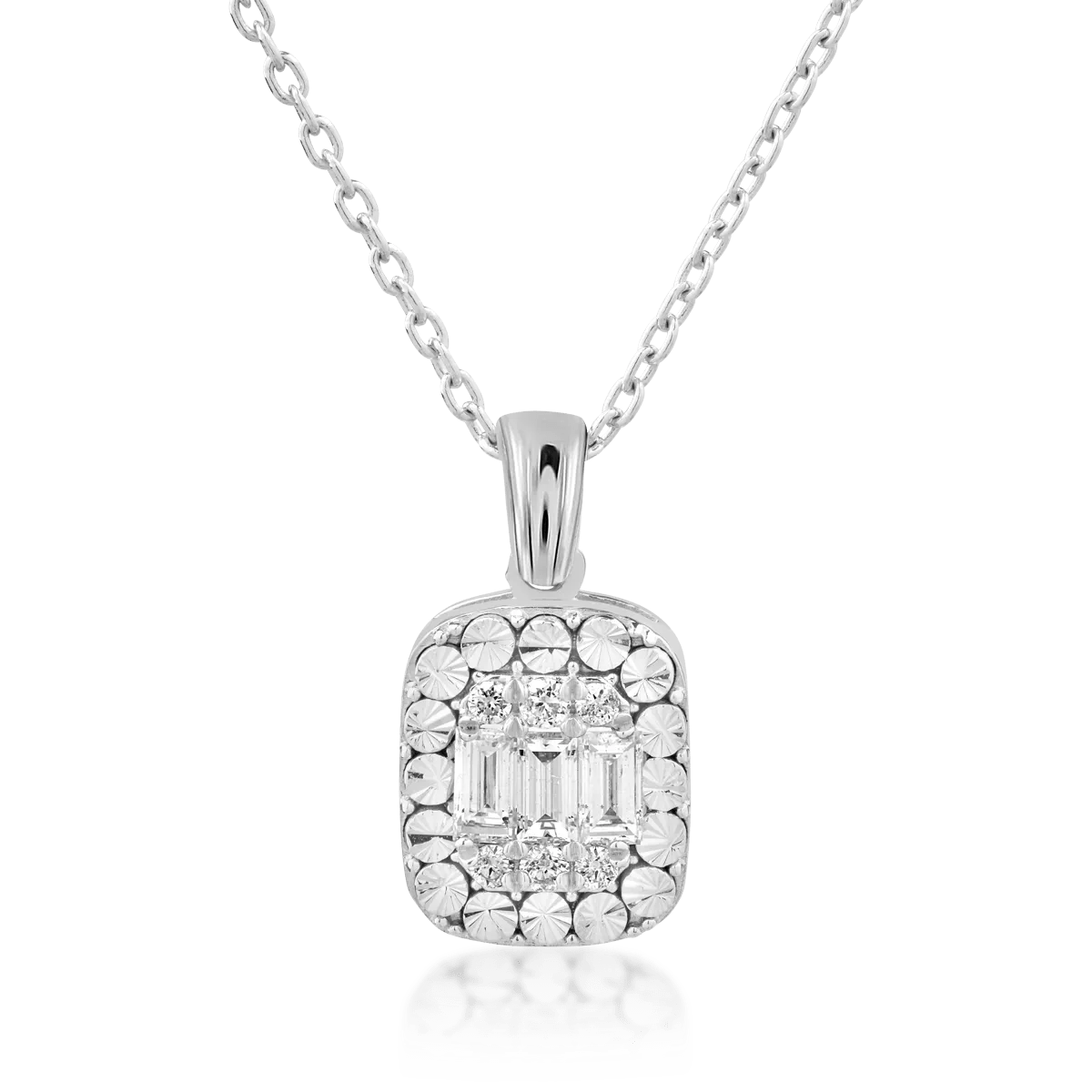 Lanț cu pandantiv din aur alb cu diamante baguette și rotunde de 0.28ct Lanț cu pandantiv din aur alb cu diamante baguette și rotunde de 0.28ct