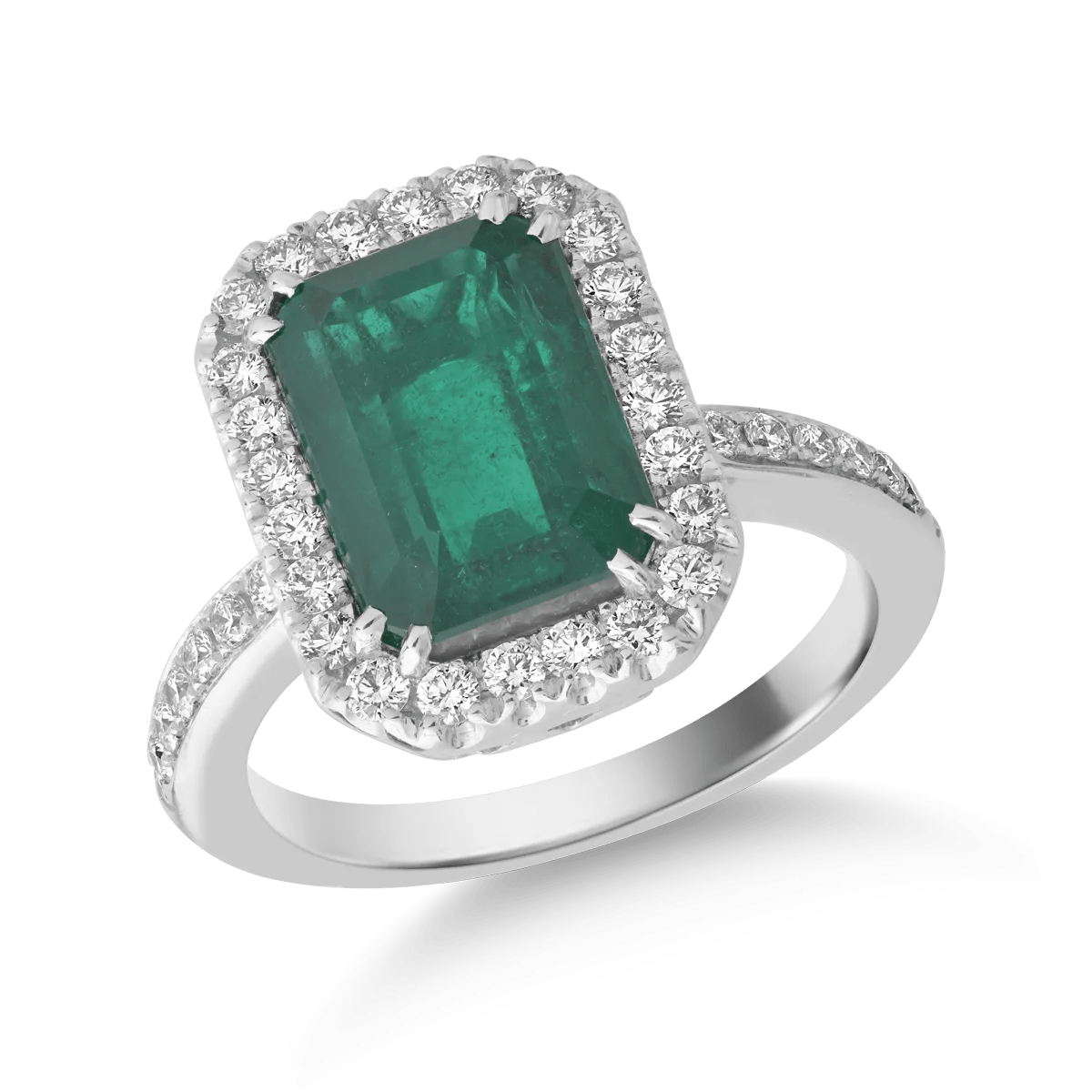 Inel din aur alb cu smarald octogonal de 4.68ct și diamante de 0.58ct Inel din aur alb cu smarald octogonal de 4.68ct și diamante de 0.58ct