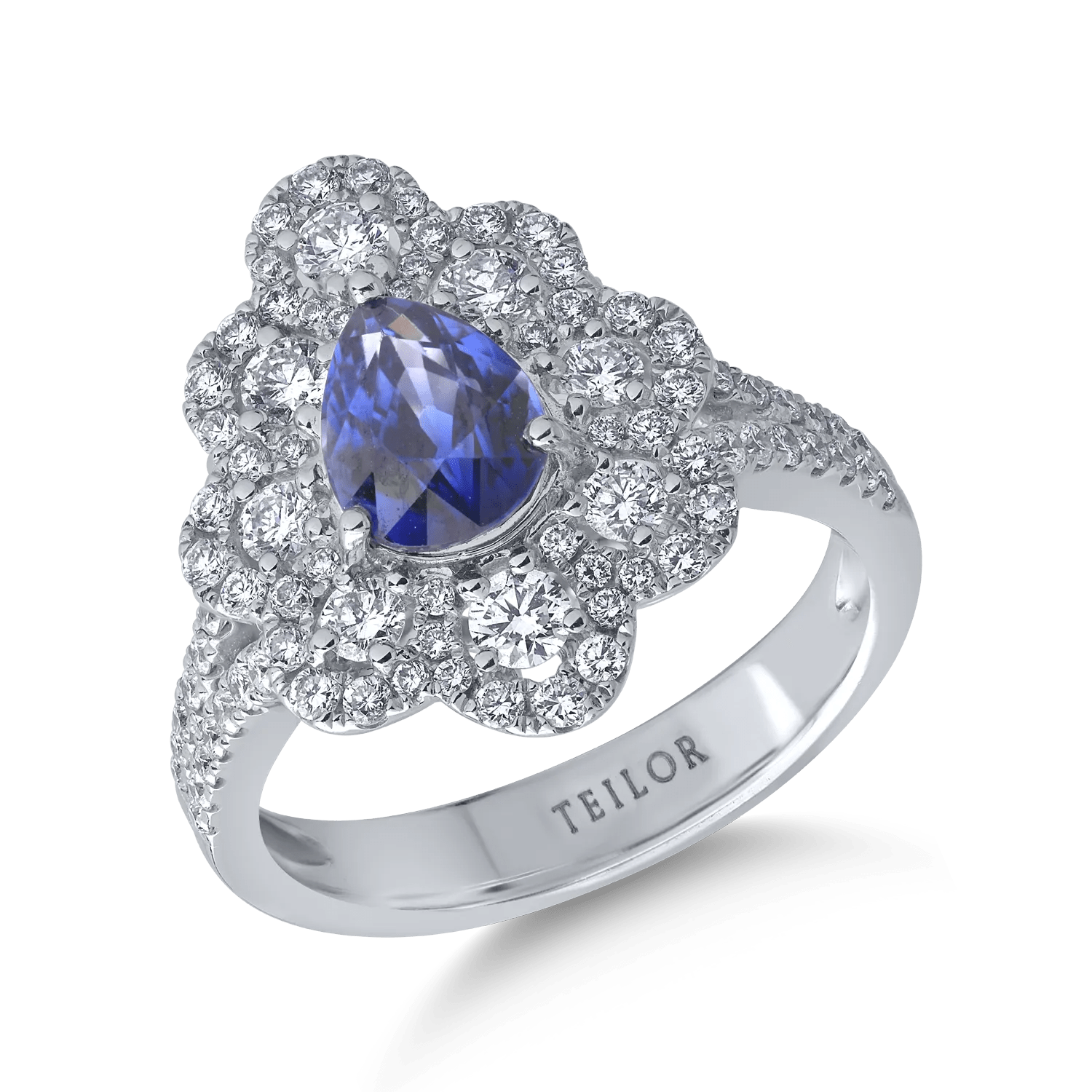 Inel din aur alb cu safir de 1.4ct și diamante de 0.9ct Inel din aur alb cu safir de 1.4ct și diamante de 0.9ct