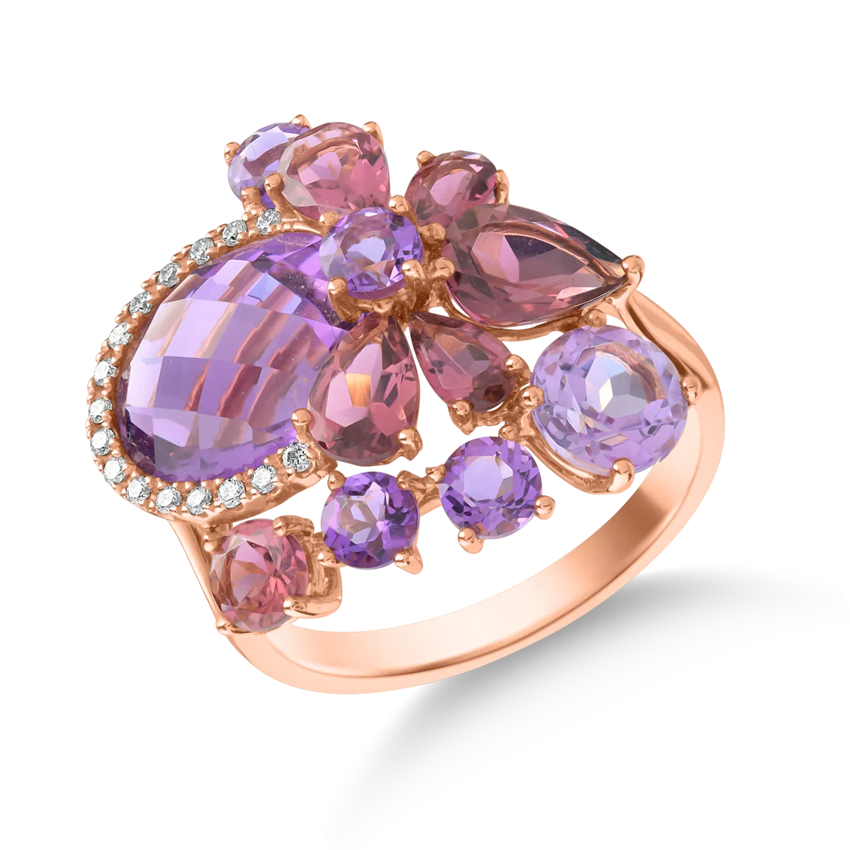 Inel din aur roz cu pietre prețioase și semiprețioase de 7.4ct Inel din aur roz cu pietre prețioase și semiprețioase de 7.4ct