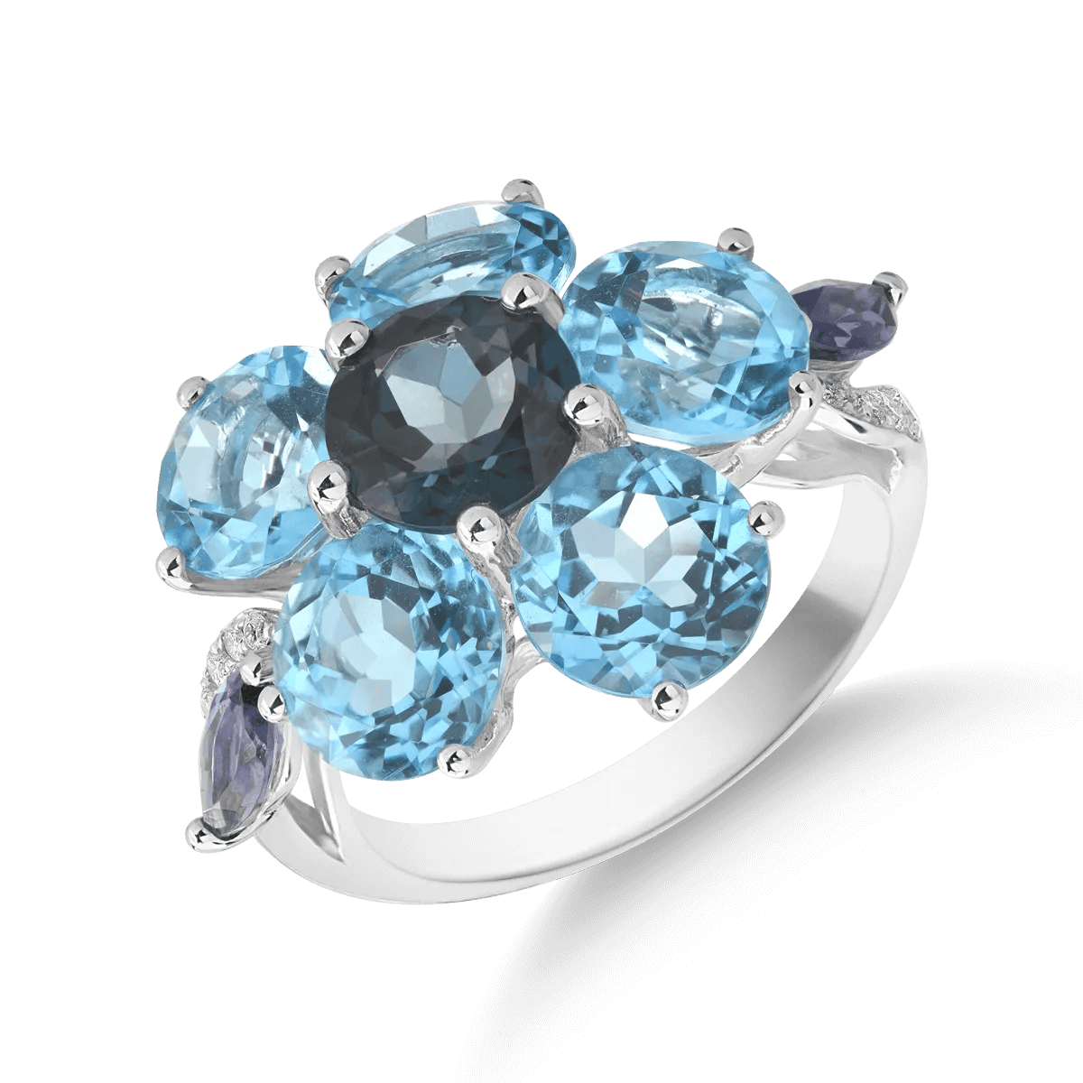 Inel floare din aur alb cu pietre prețioase și semiprețioase de 9.92ct – Teilor Inel floare din aur alb cu pietre prețioase și semiprețioase de 9.92ct – Teilor