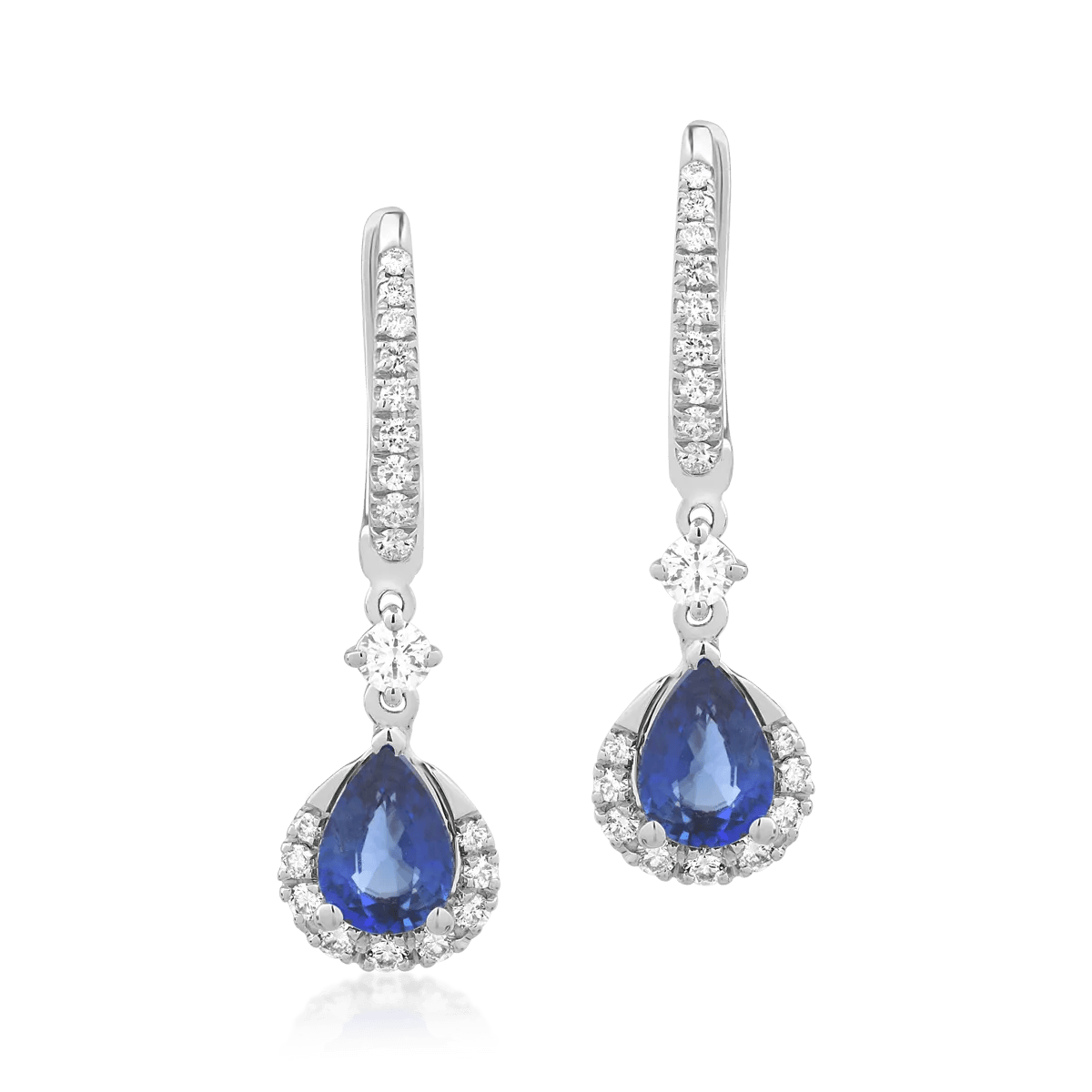 Cercei din aur alb cu safire pear de 1.47ct și diamante de 0.44ct – Teilor Cercei din aur alb cu safire pear de 1.47ct și diamante de 0.44ct – Teilor