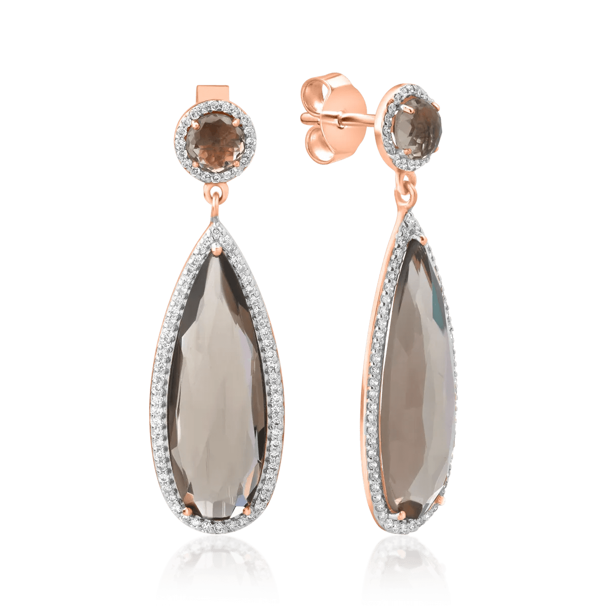 Cercei din aur roz cu quartz fumuriu de 12.38ct și diamante de 0.585ct Cercei din aur roz cu quartz fumuriu de 12.38ct și diamante de 0.585ct