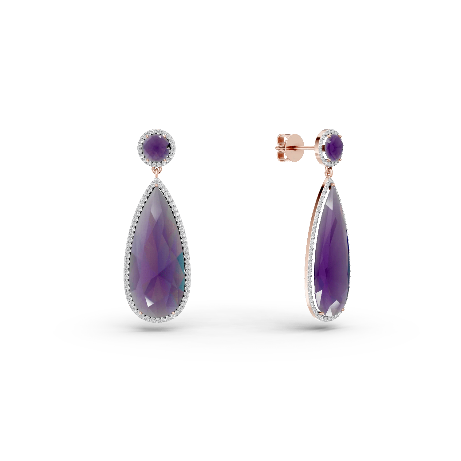 Cercei din aur roz cu ametiste pear de 13.85ct și diamante de 0.571ct Cercei din aur roz cu ametiste pear de 13.85ct și diamante de 0.571ct