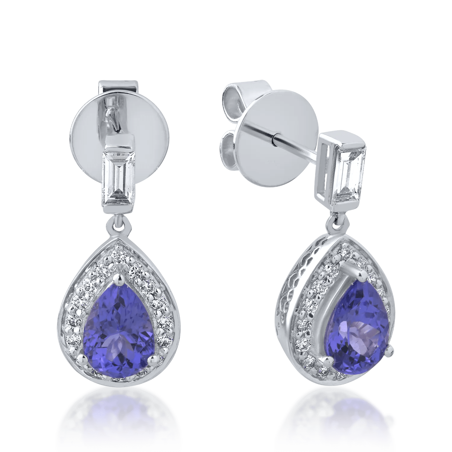 Cercei din aur alb cu tanzanite ovale de 1.592ct și diamante baghetă și rotunde de 0.413ct Cercei din aur alb cu tanzanite ovale de 1.592ct și diamante baghetă și rotunde de 0.413ct