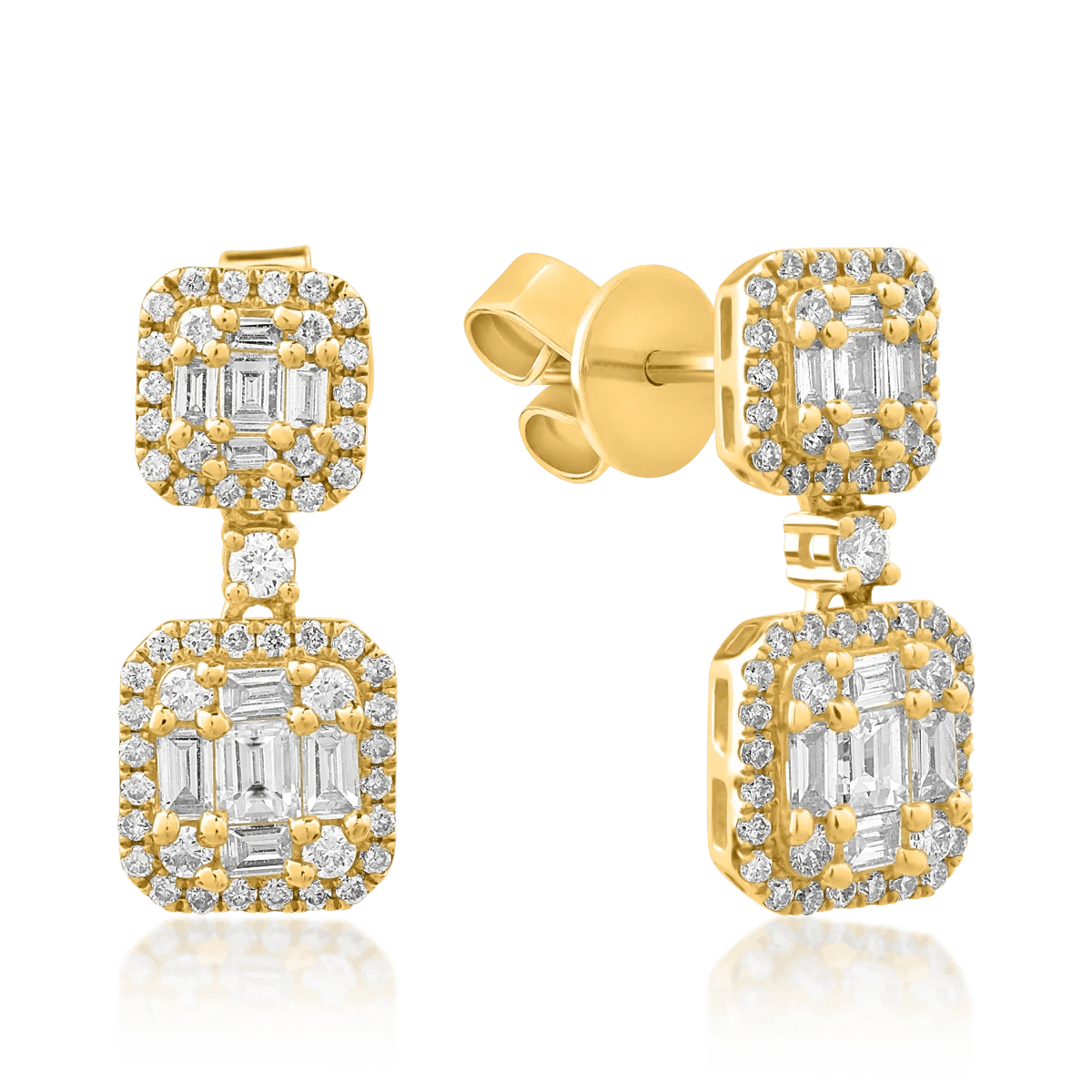 Cercei aur galben cu diamante baguette și rotunde 0.89ct Cercei aur galben cu diamante baguette și rotunde 0.89ct