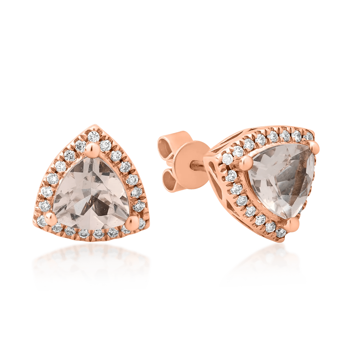 Cercei din aur roz cu morganite tăiate triangle 1.31ct și diamante 0.16ct Cercei din aur roz cu morganite tăiate triangle 1.31ct și diamante 0.16ct