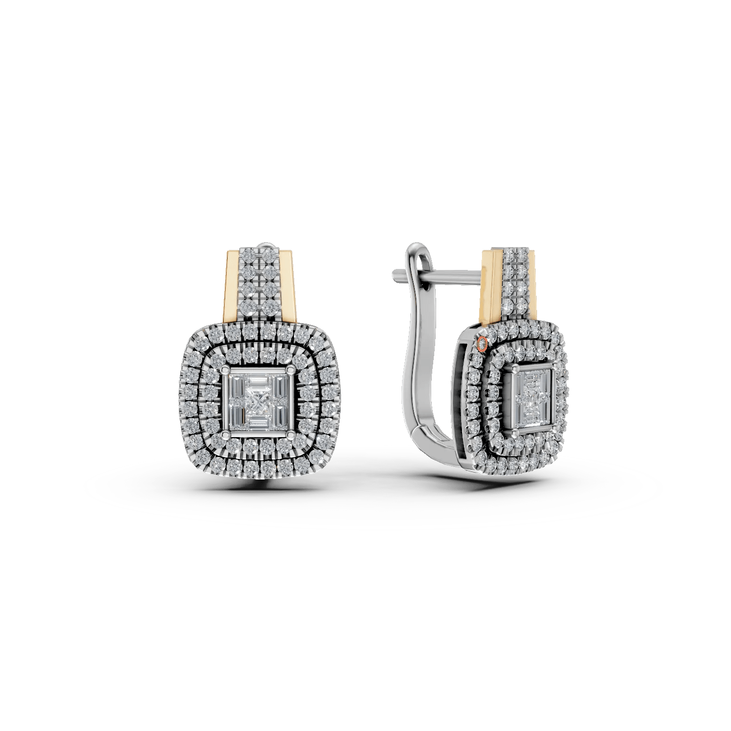 Cercei din aur alb-galben cu diamante de 0.58ct, formă princess, baguette și rotundă Cercei din aur alb-galben cu diamante de 0.58ct, formă princess, baguette și rotundă