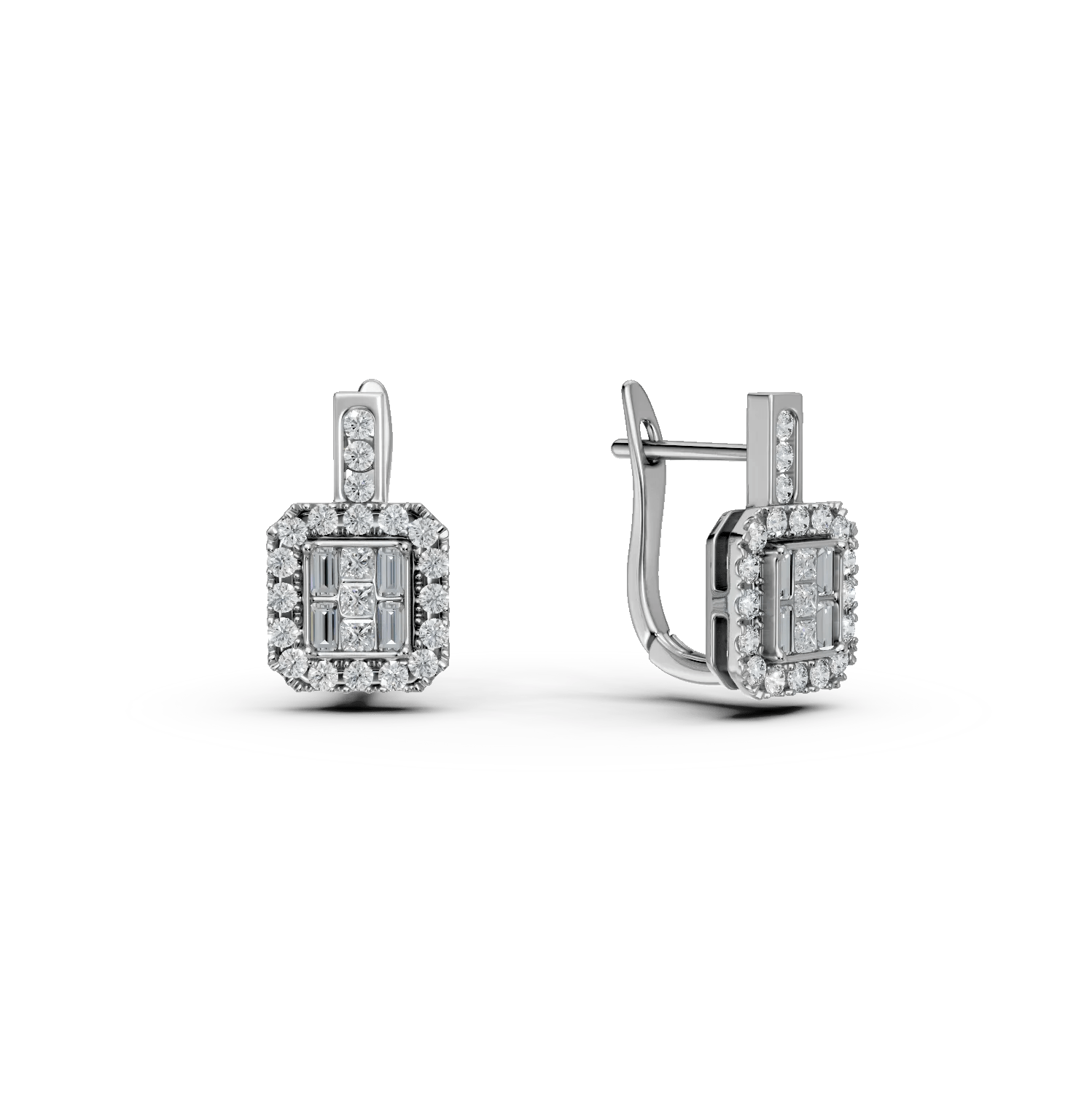 Cercei din aur alb cu diamante de 0.74ct – princess, baguette și rotunde Cercei din aur alb cu diamante de 0.74ct – princess, baguette și rotunde