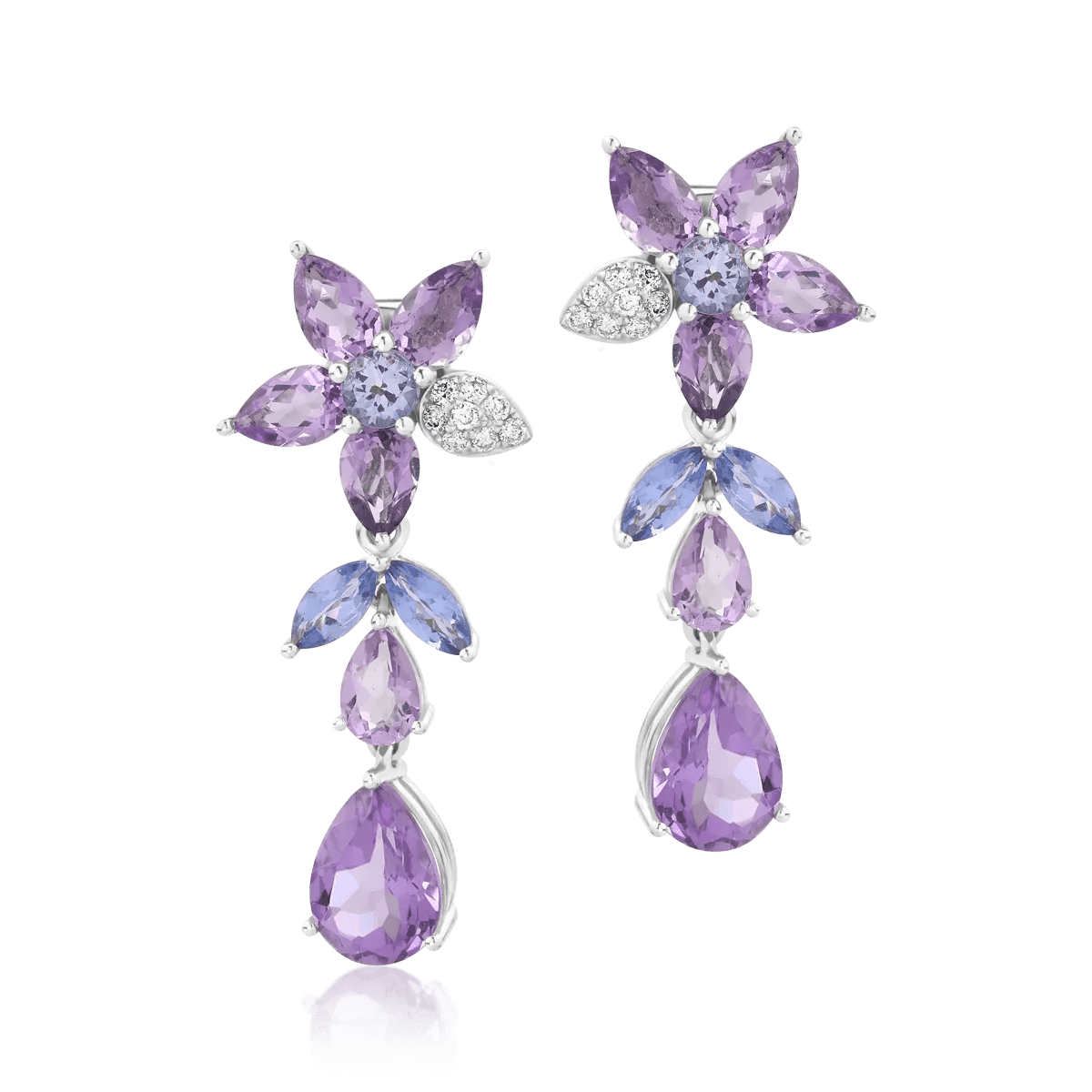 Cercei florali din aur alb cu pietre prețioase și semi-prețioase de 9.39ct Cercei florali din aur alb cu pietre prețioase și semi-prețioase de 9.39ct