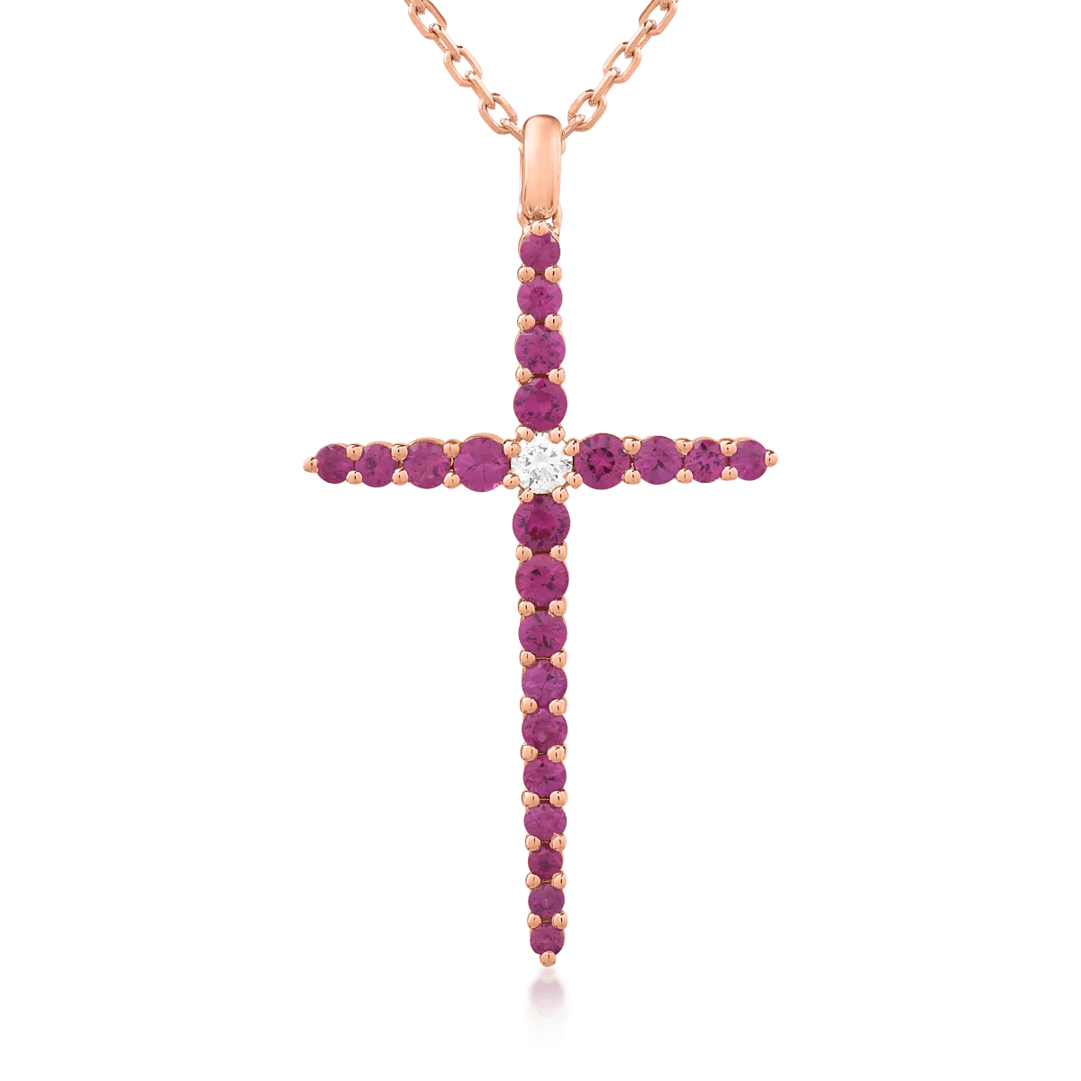 Lanţ cu pandantiv cruce din aur roz cu diamant de 0.09ct şi rubine de 1.08ct Lanţ cu pandantiv cruce din aur roz cu diamant de 0.09ct şi rubine de 1.08ct