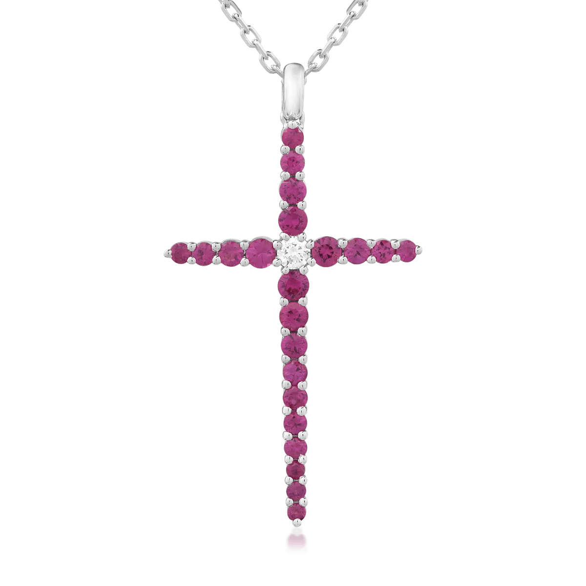 Lanț cu pandantiv cruce din aur alb, diamant de 0.09ct și rubine de 1.08ct Lanț cu pandantiv cruce din aur alb, diamant de 0.09ct și rubine de 1.08ct